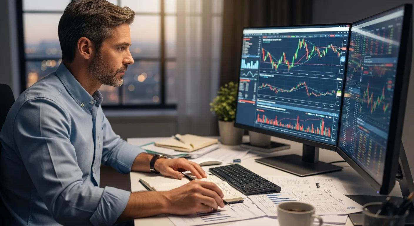 Investor analyzing market trends for portfolio valuation