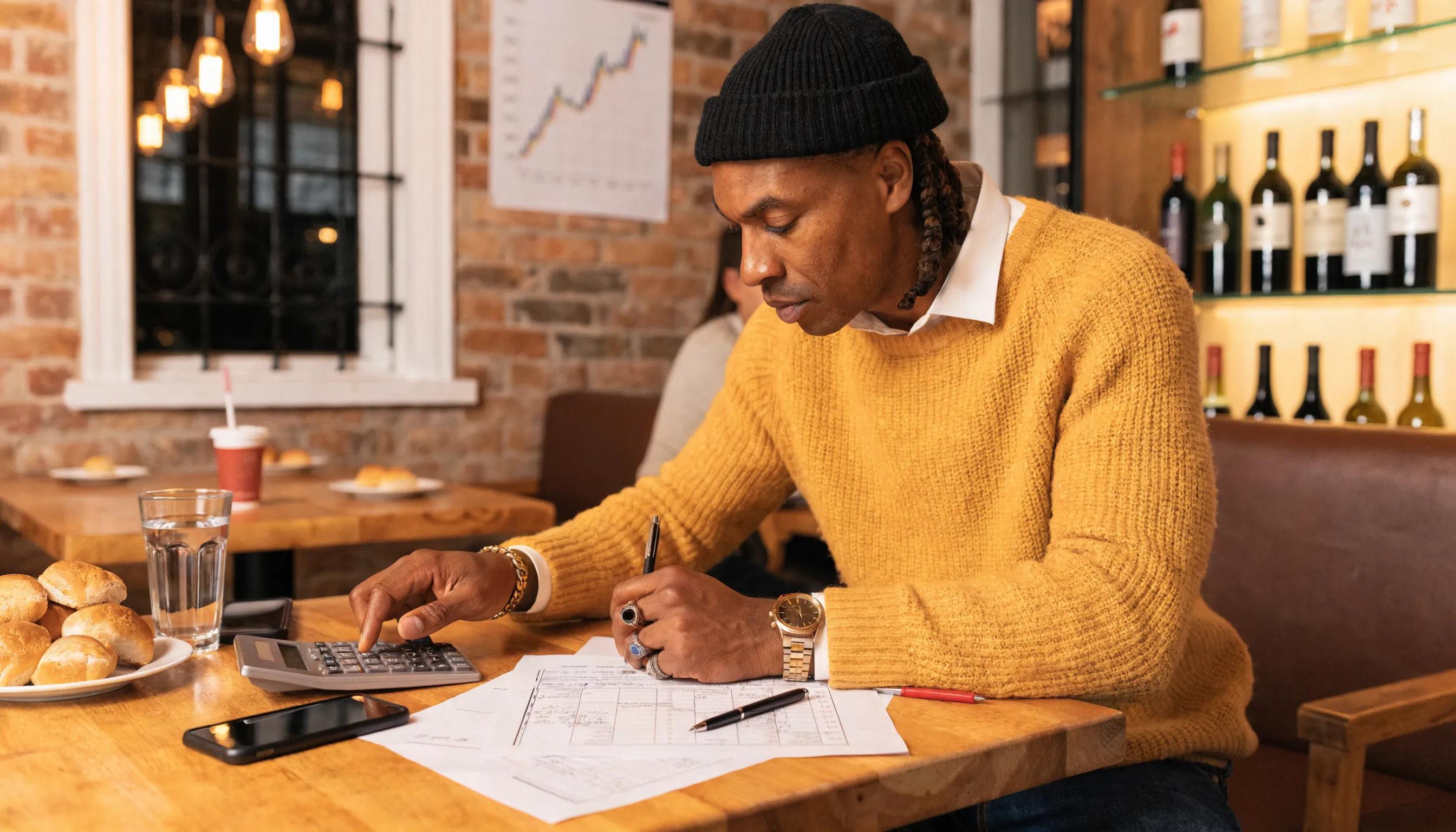Restaurant owner reviewing business credit paperwork to plan long-term growth