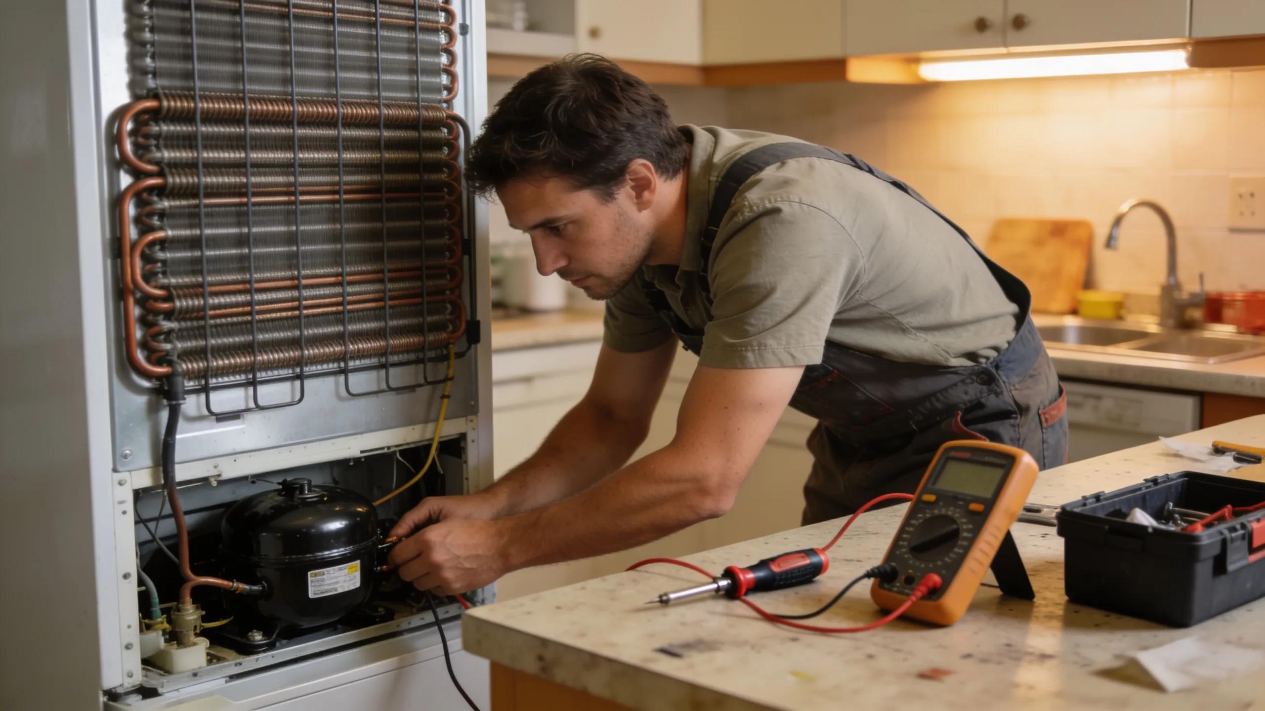 Person inspecting refrigerator cooling components like compressor and coils, showcasing DIY troubleshooting approach