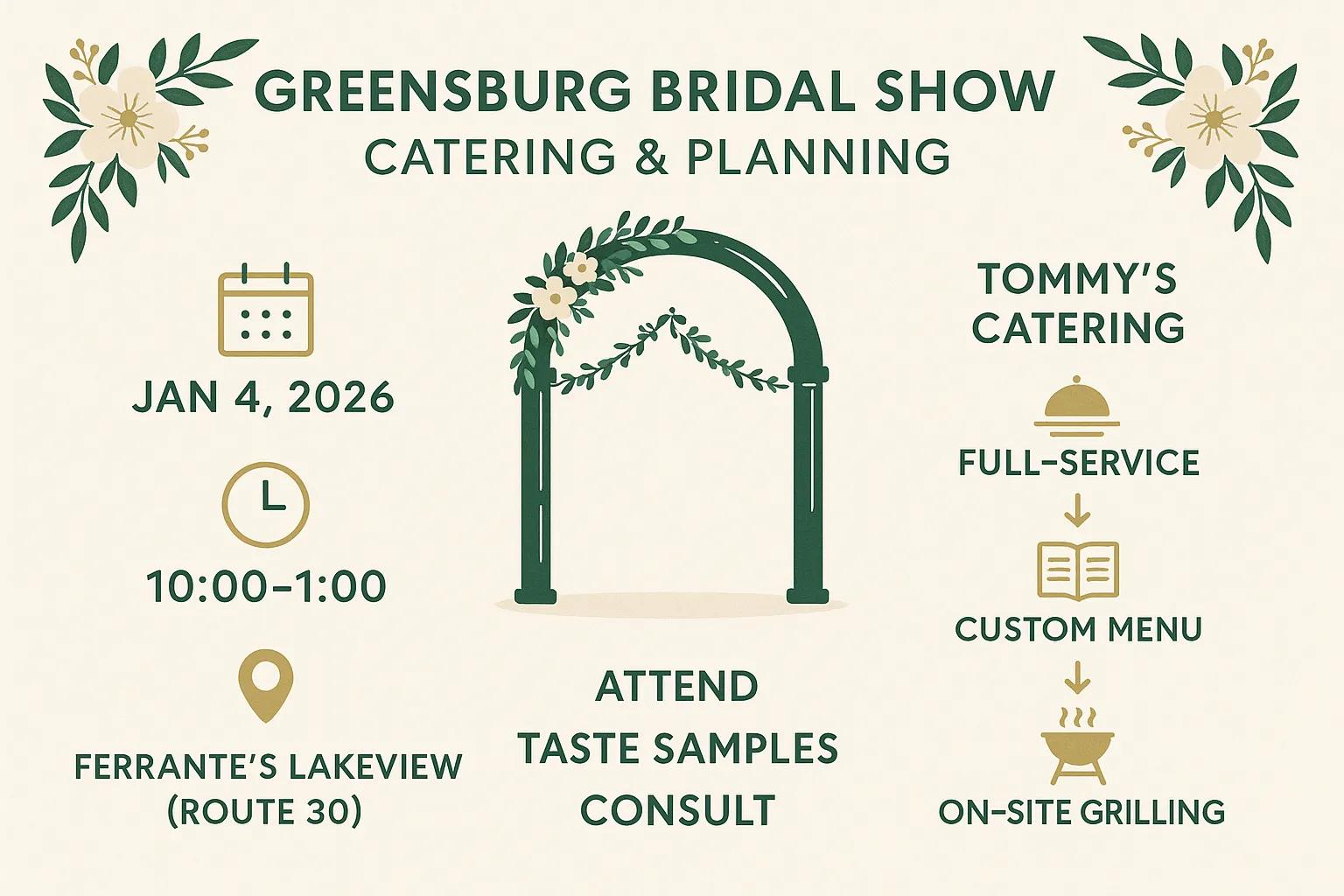 Bridal Show flyer with floral designs. Event: Jan 4, 2026, 10:00-1:00 at Ferrante’s Lakeview. Features catering info and services.