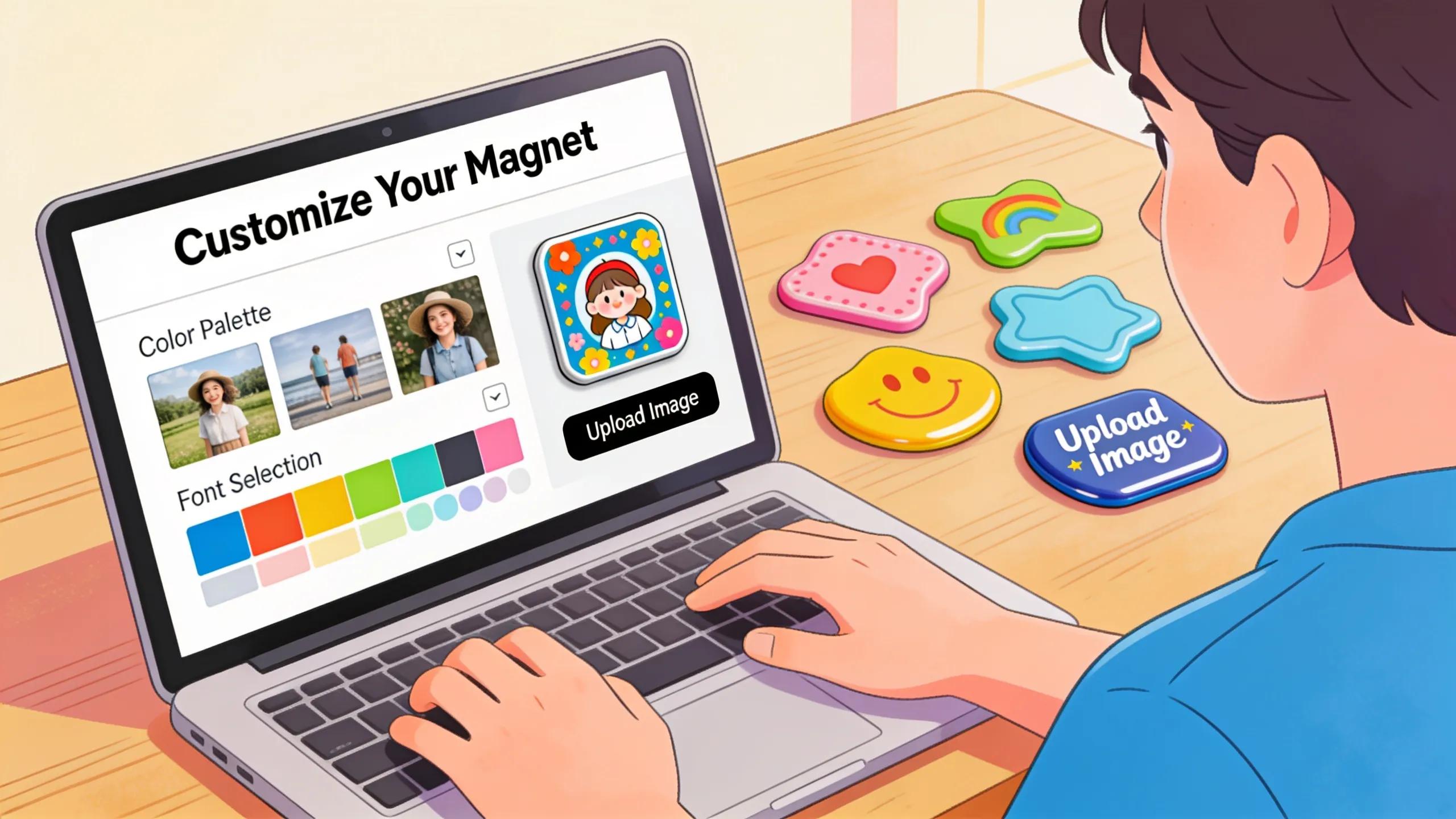 An individual customizing magnets online, illustrating design options and personalization methods for custom magnets.