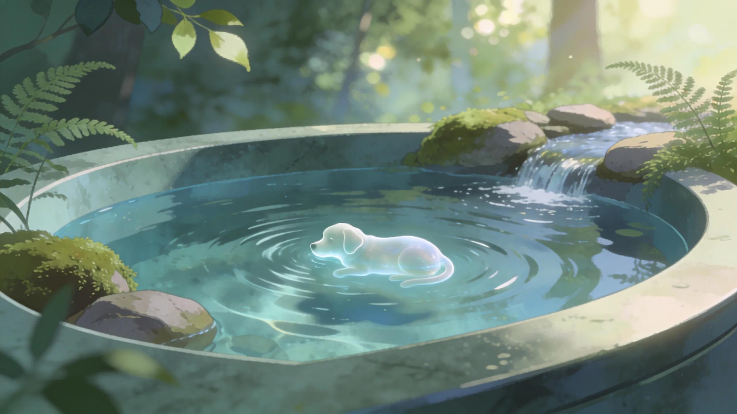 Serene aquamation process with water and nature-themed elements