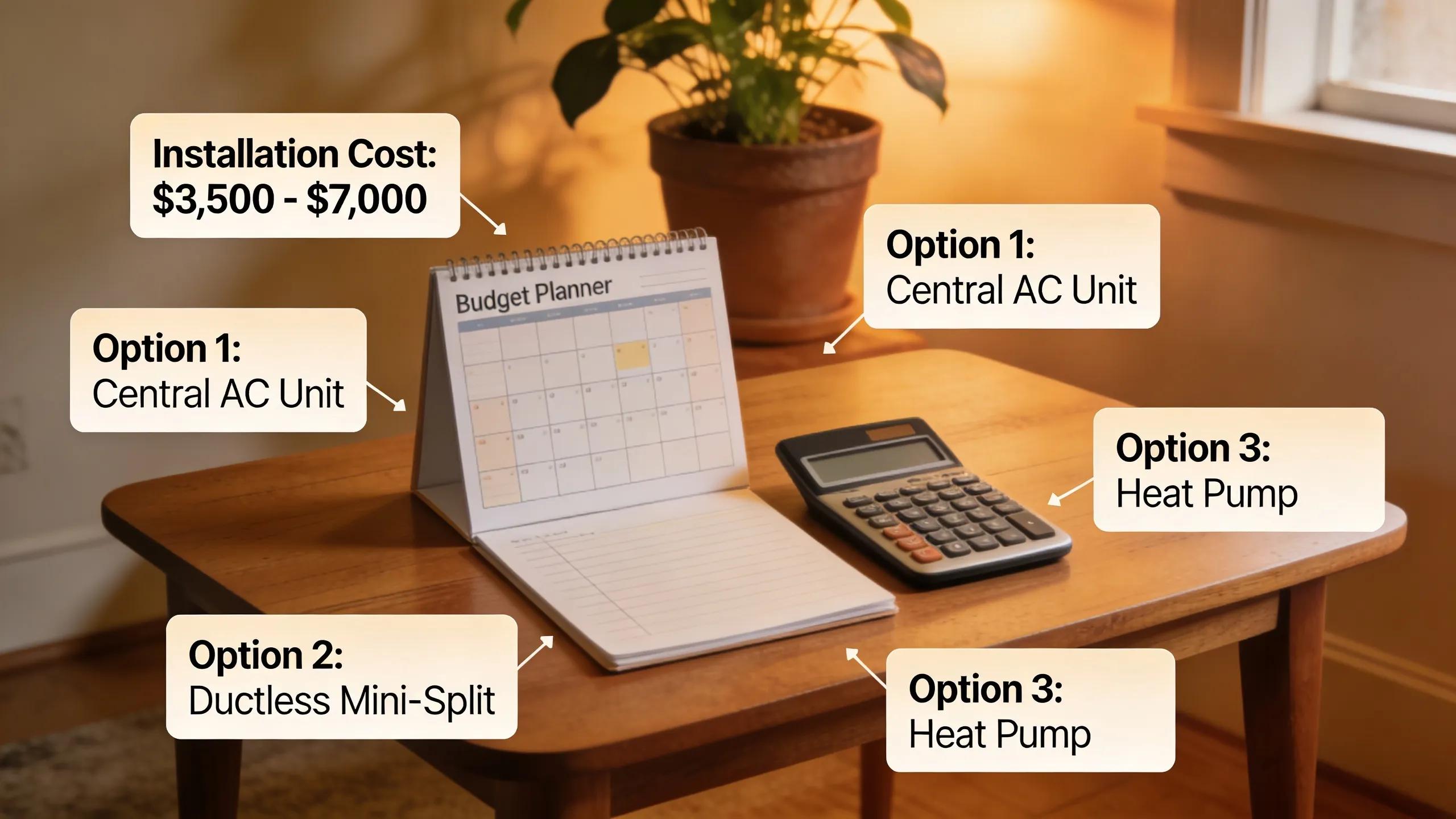 Budget planner and HVAC system cost estimates on a wooden table for finance considerations