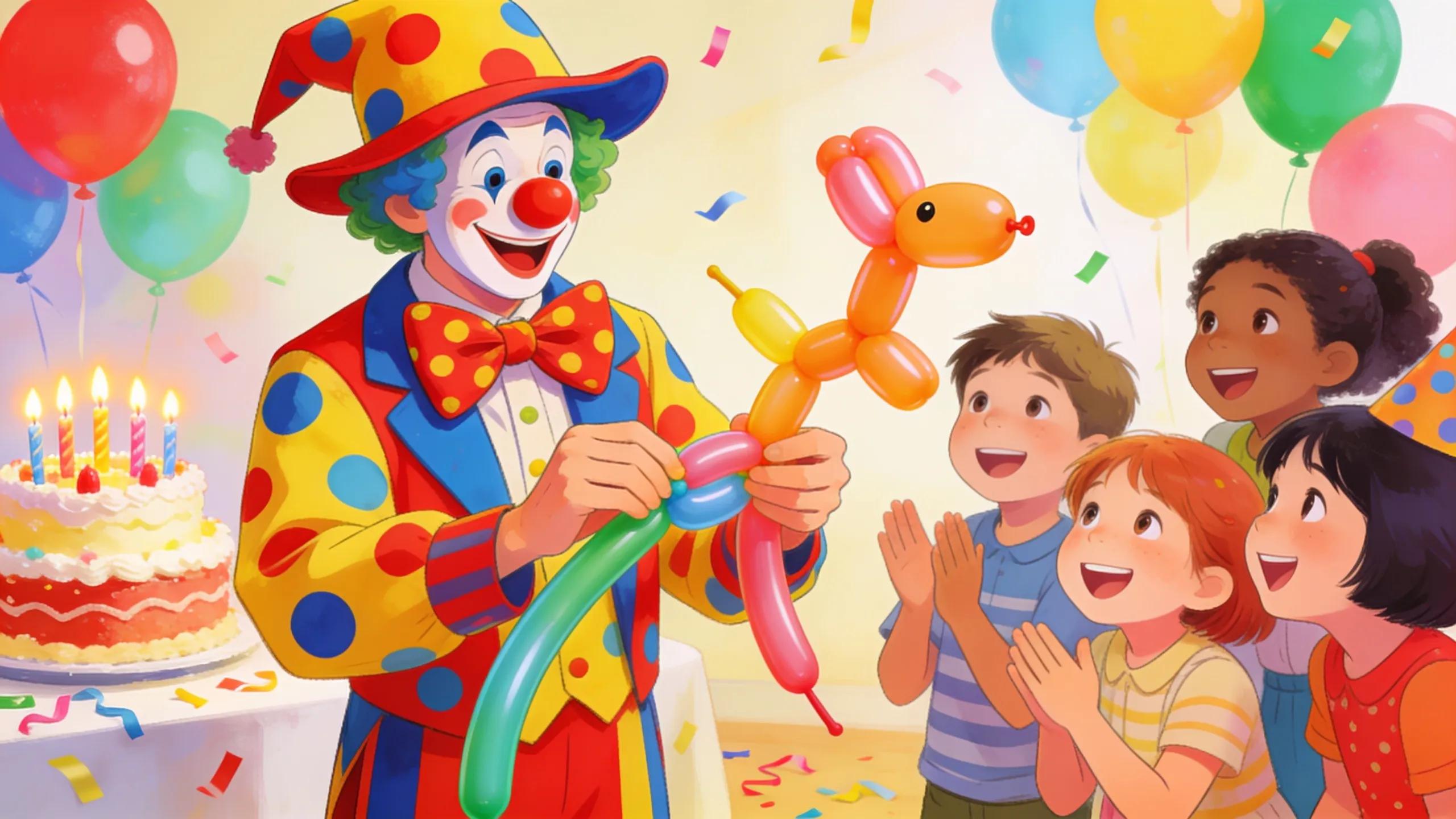 Professional clown entertaining children at a vibrant birthday party with balloons and decorations