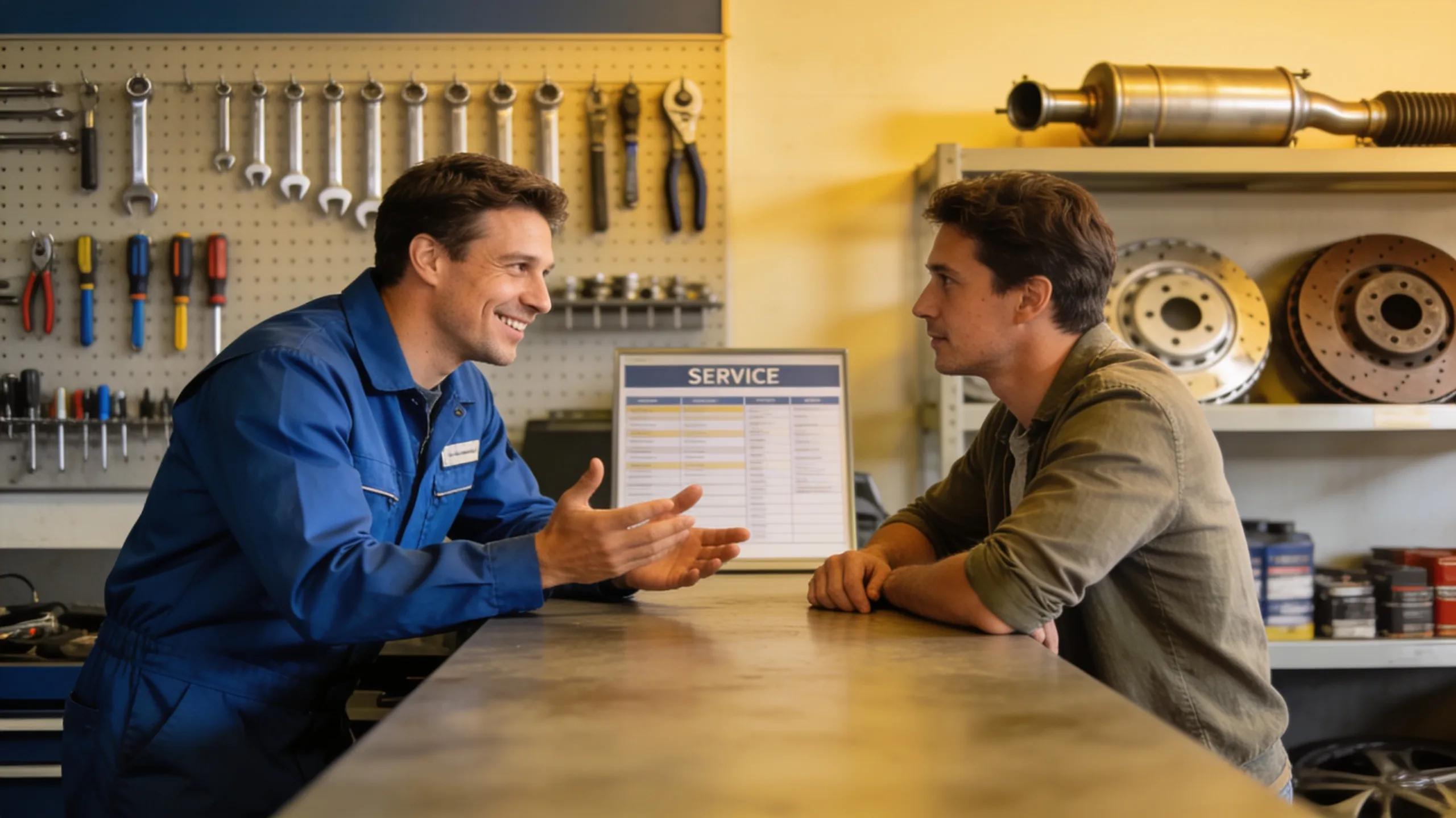 Customer consulting with mechanic about catalytic converter repair options at auto repair shop Customer consulting with mechanic about catalytic converter repair options at auto repair shop