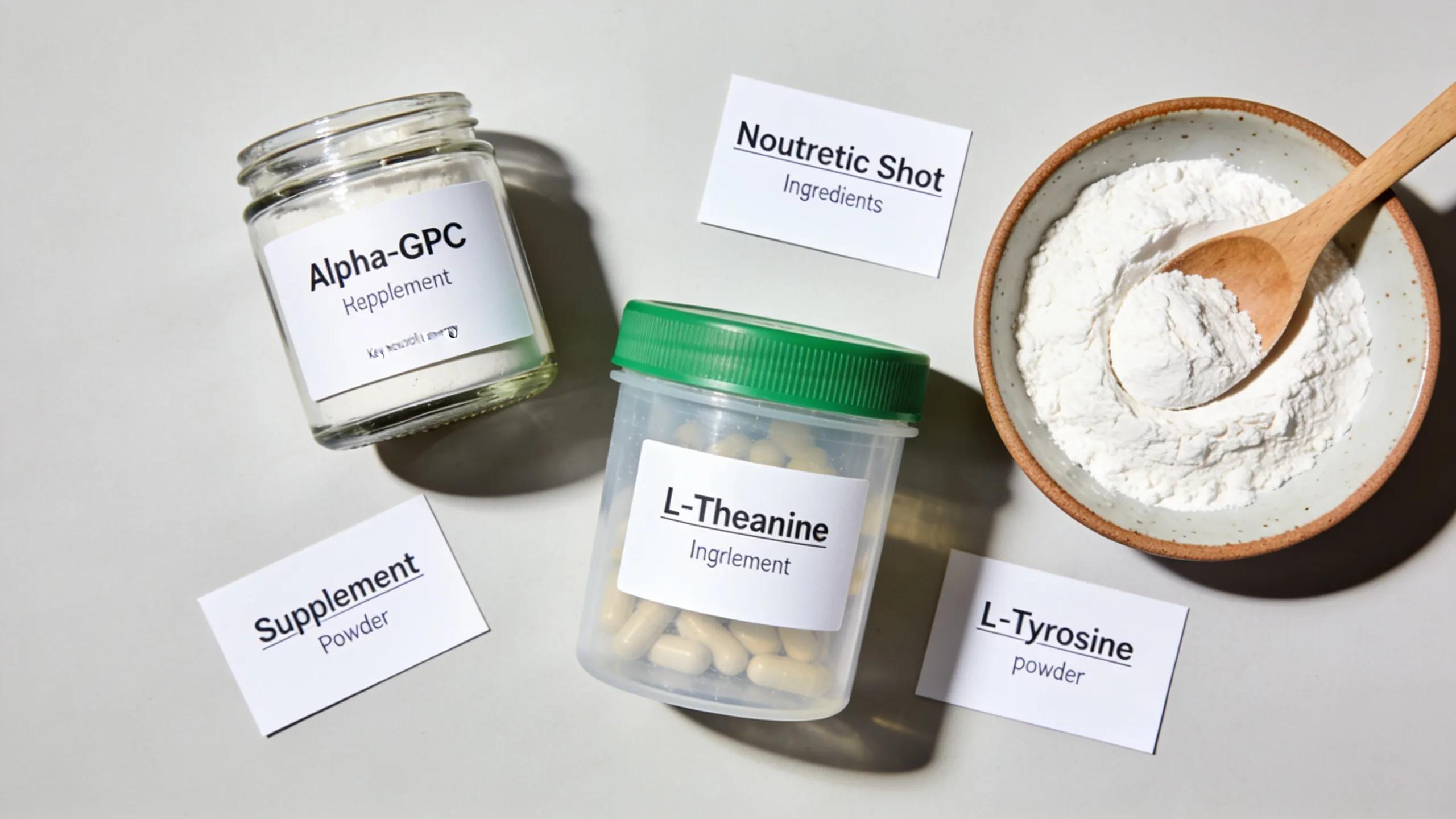 Flat lay of key nootropic ingredients like Alpha-GPC, L-Theanine, and L-Tyrosine for energy shots