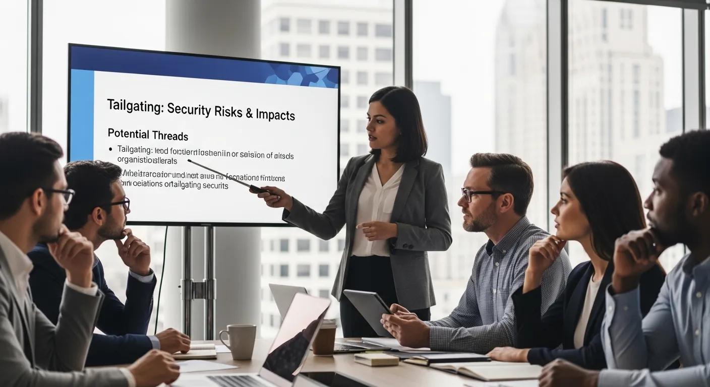 Team meeting about the risks and impacts of tailgating on organizational security