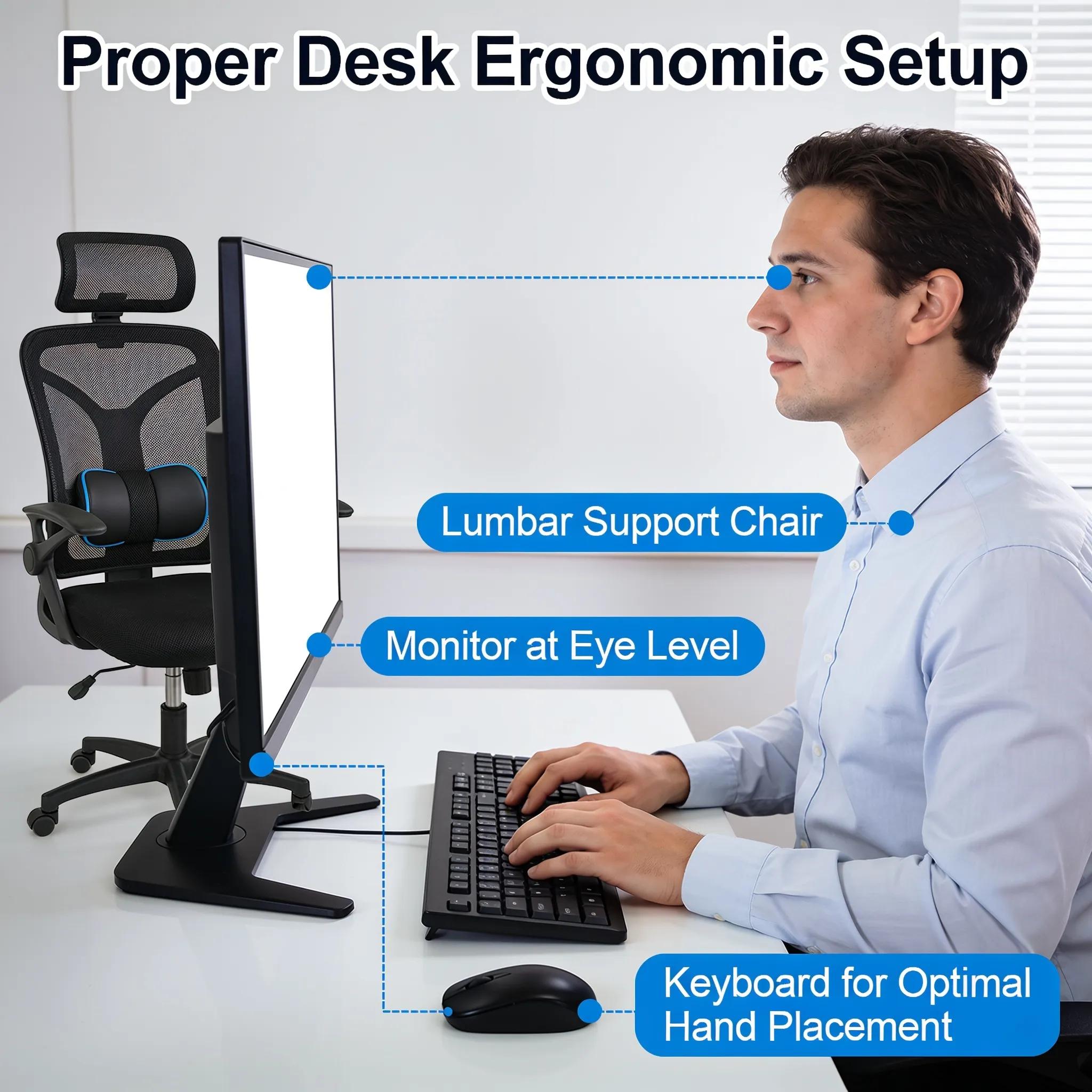 Optimal ergonomic office setup demonstrating key principles for enhancing spinal health