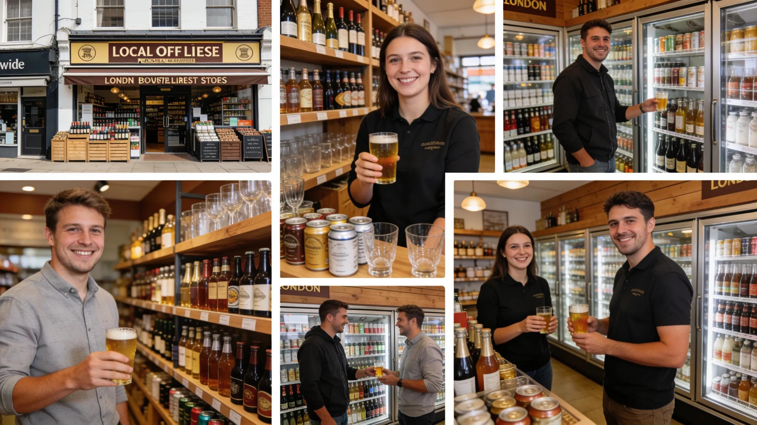 Collage of local off-licenses in London, showcasing their variety of alcoholic beverages and customer service
