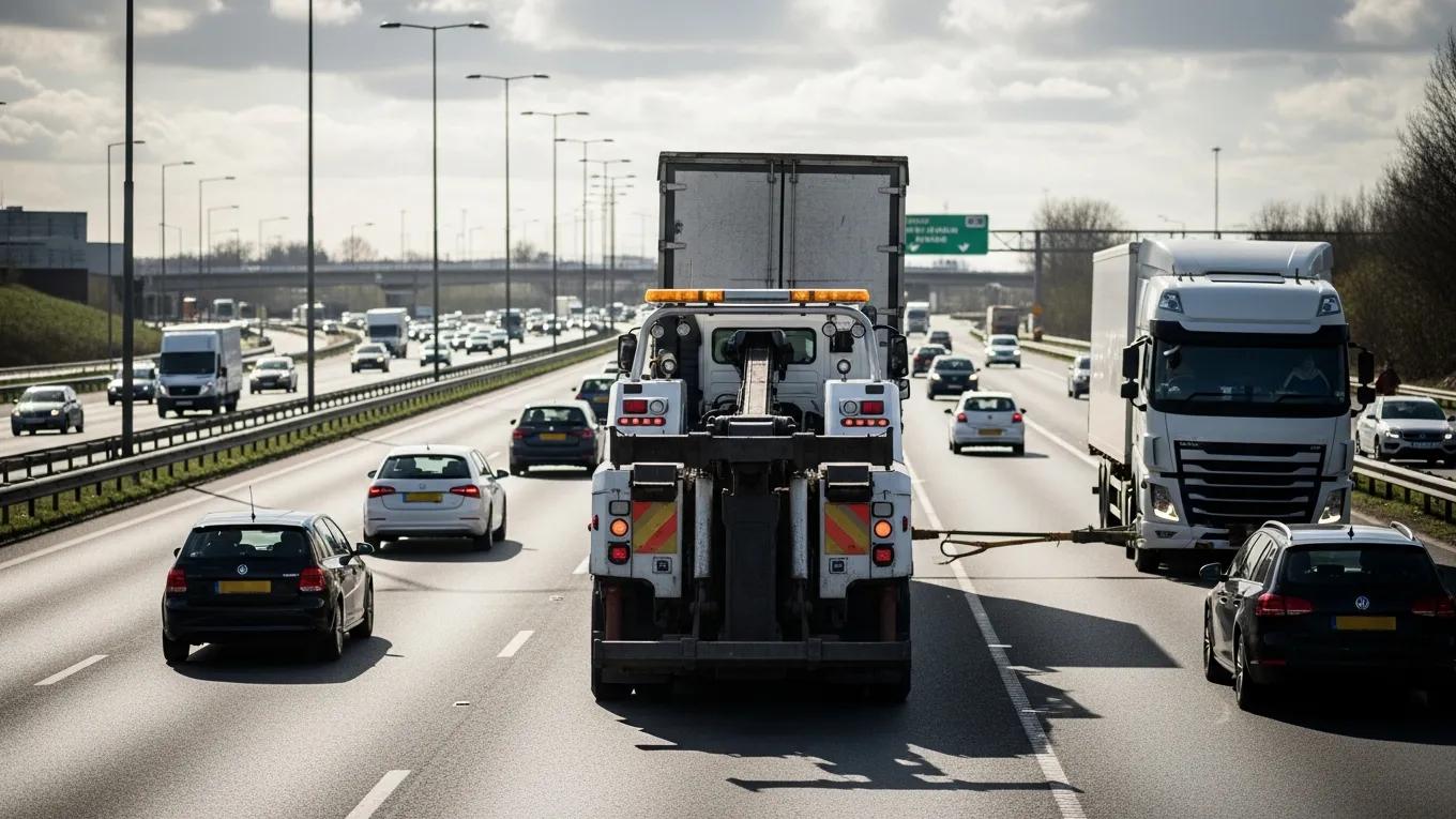 Commercial vehicle towing service with a heavy-duty tow truck assisting a large truck on a busy road