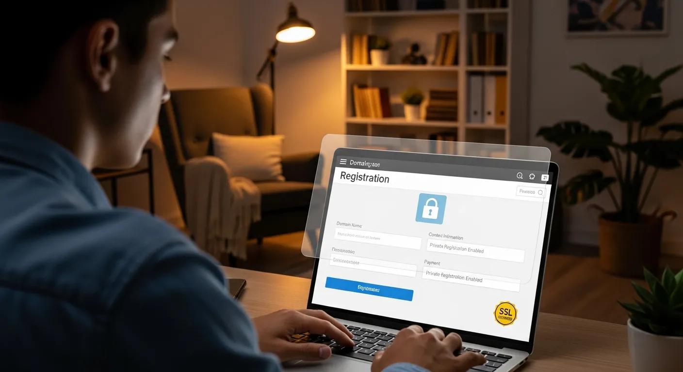 Person registering a domain anonymously on a laptop in a cozy home office, emphasizing privacy and security