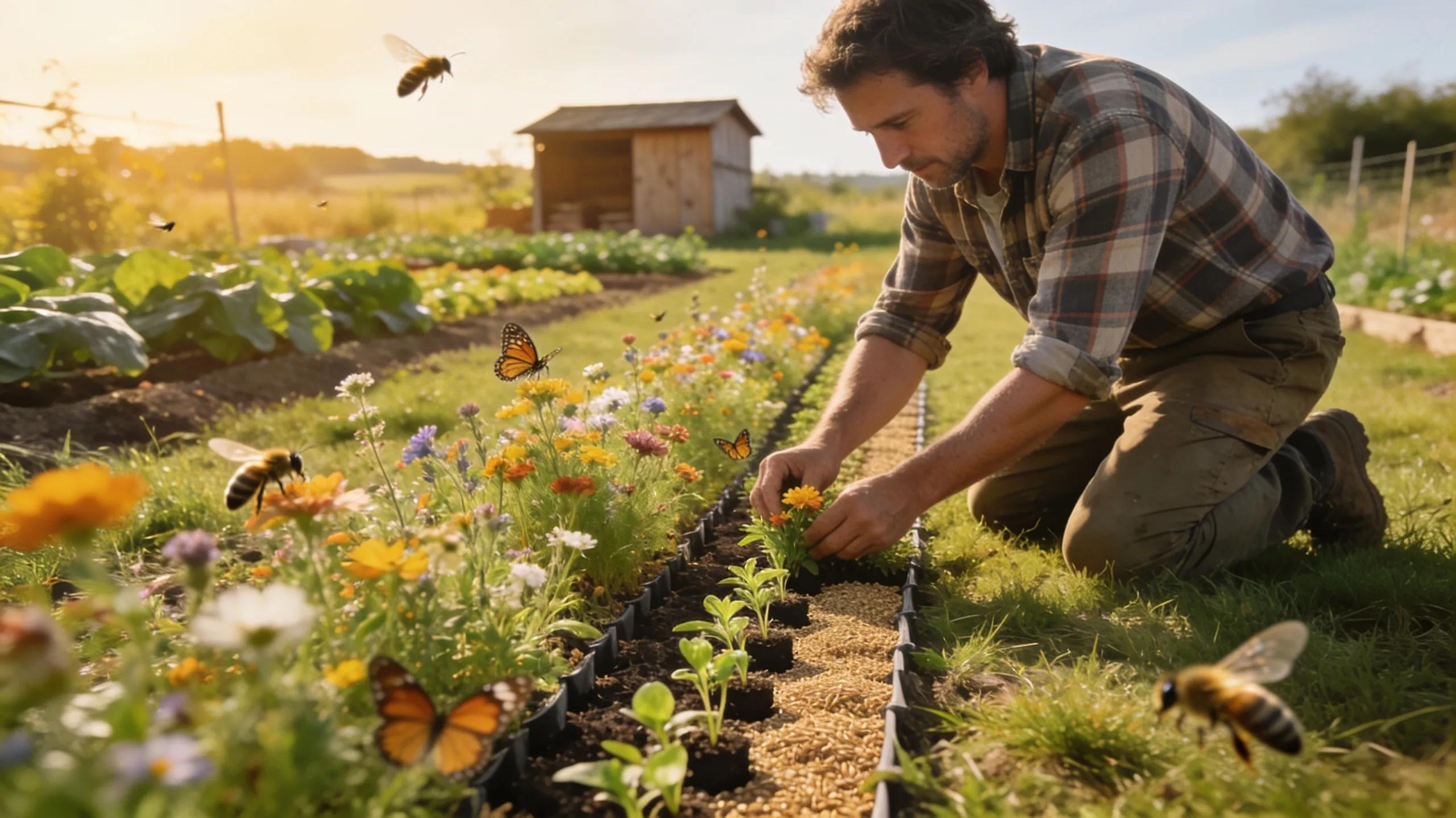 Farmer installing a wildflower strip to attract bees and butterflies on a sustainable farm