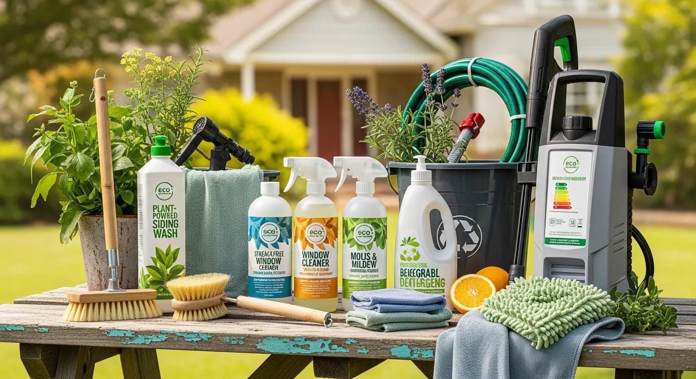 Eco-friendly cleaning products and tools for house washing, emphasizing sustainable cleaning methods