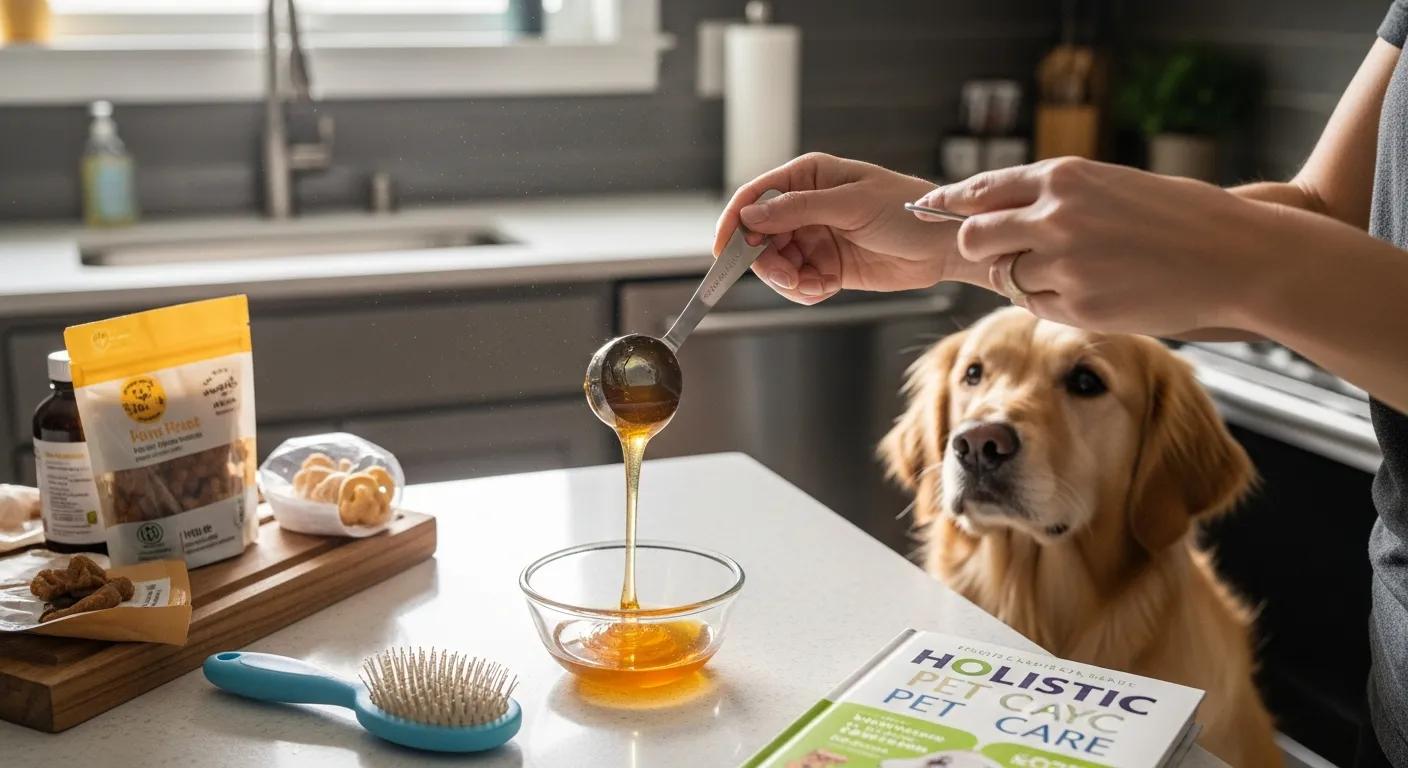 Dog owner measuring raw honey for safe usage, promoting responsible pet care