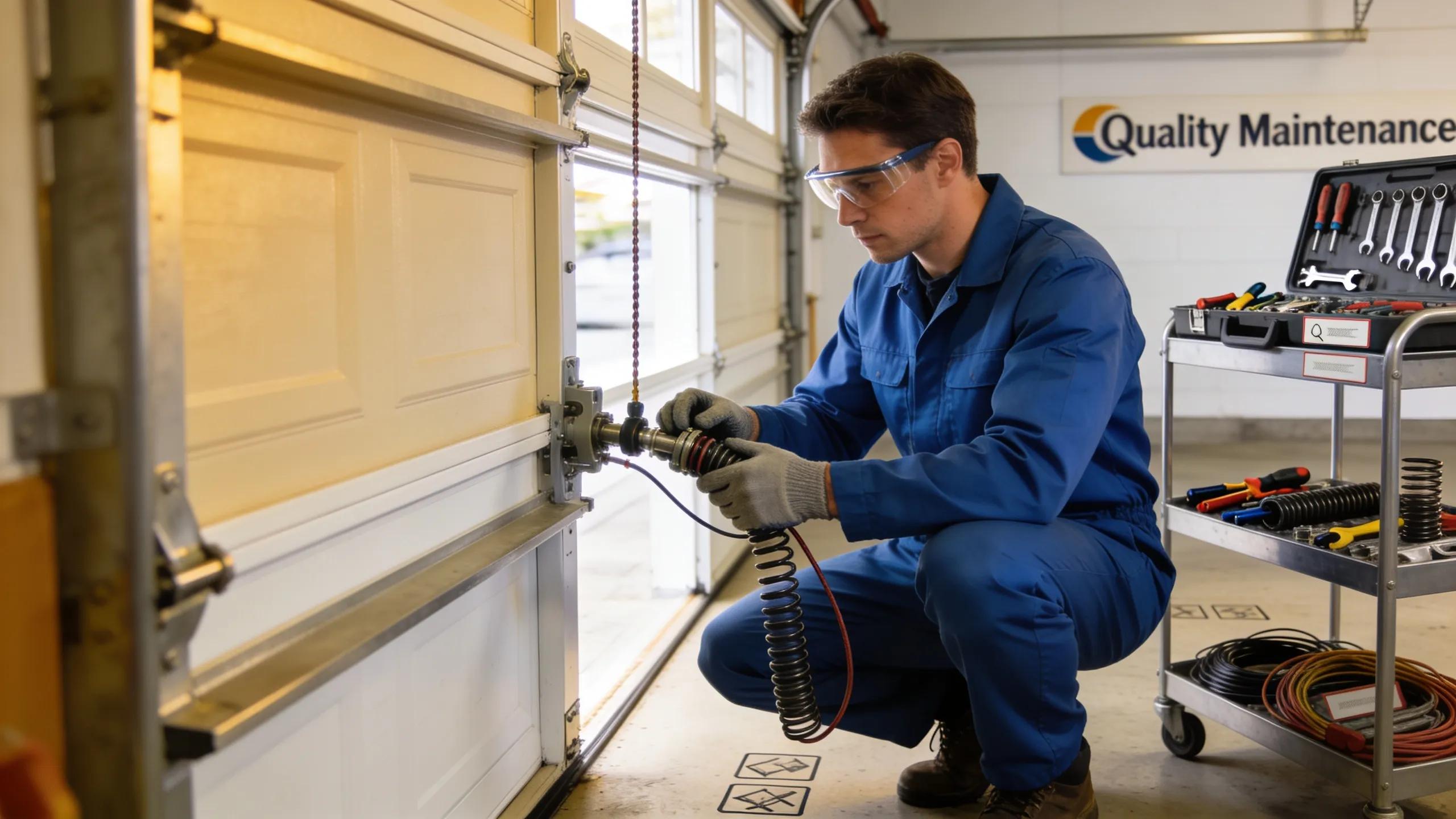Technician inspecting a garage door, focusing on maintenance and warranty coverage