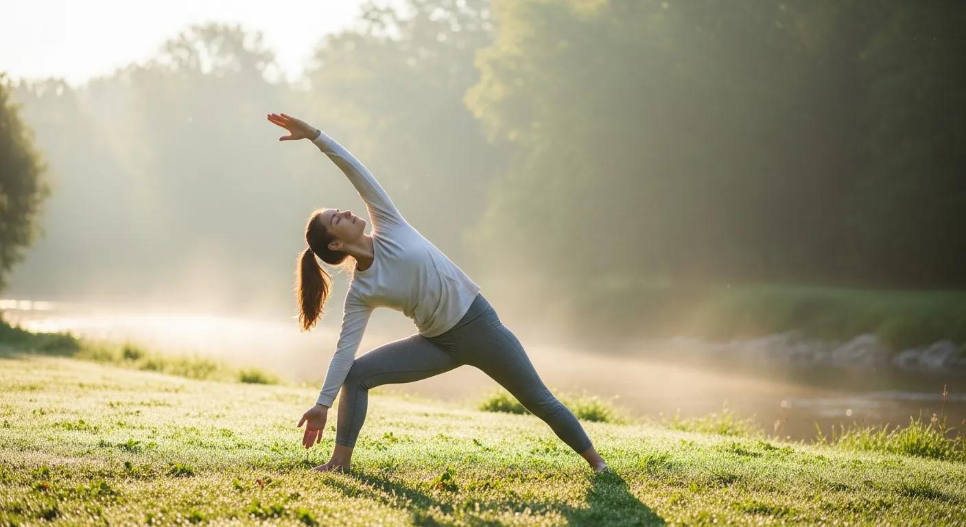 A young adult practicing mindful movement outdoors to support mental and physical wellness