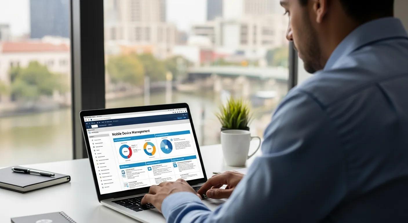 Business owner evaluating MDM providers on a laptop in a San Antonio office