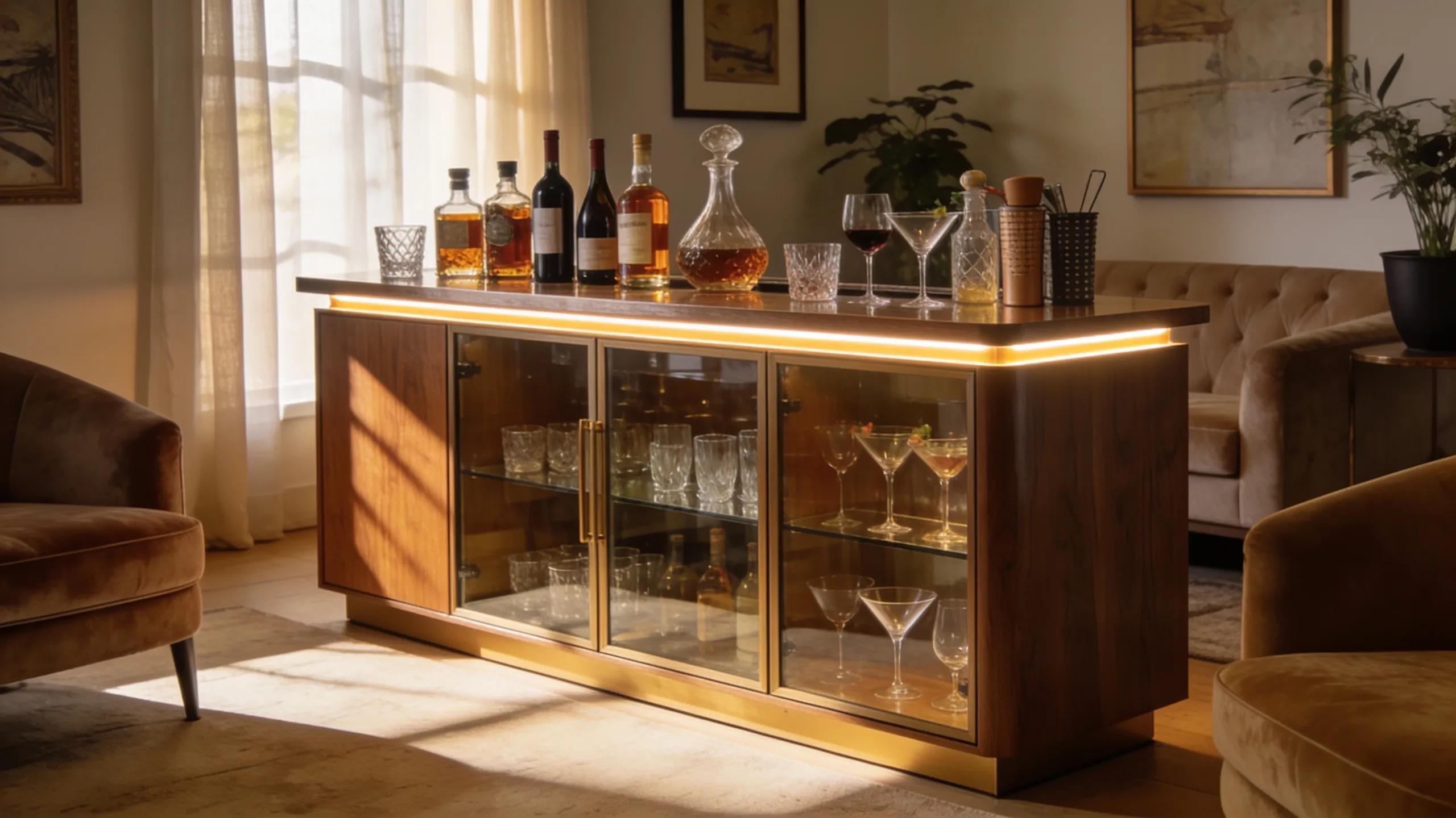 Elegant home bar cabinet with diverse drinks and glassware in a contemporary living space