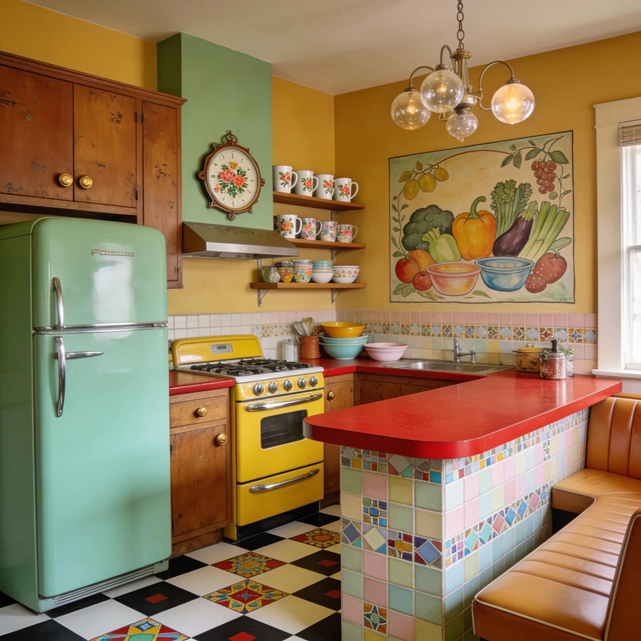 Classic checkerboard tile and colorful mid-century linoleum sample evoking vintage kitchen style