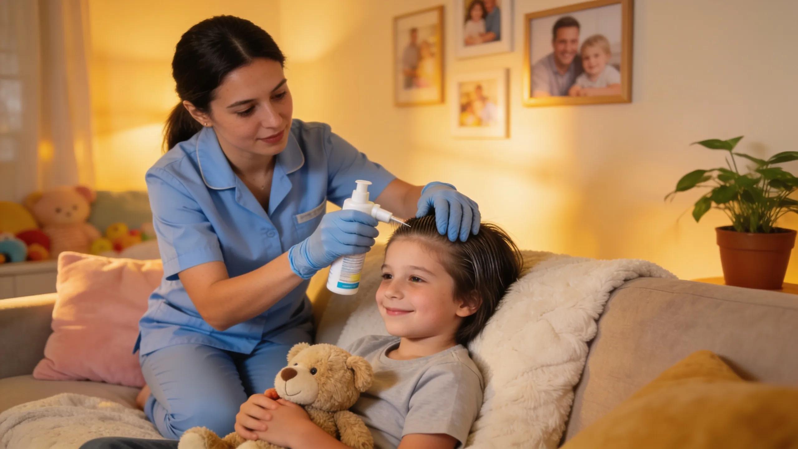 Mobile lice removal specialist treating a child at home in Metro Atlanta Mobile lice removal specialist treating a child at home in Metro Atlanta