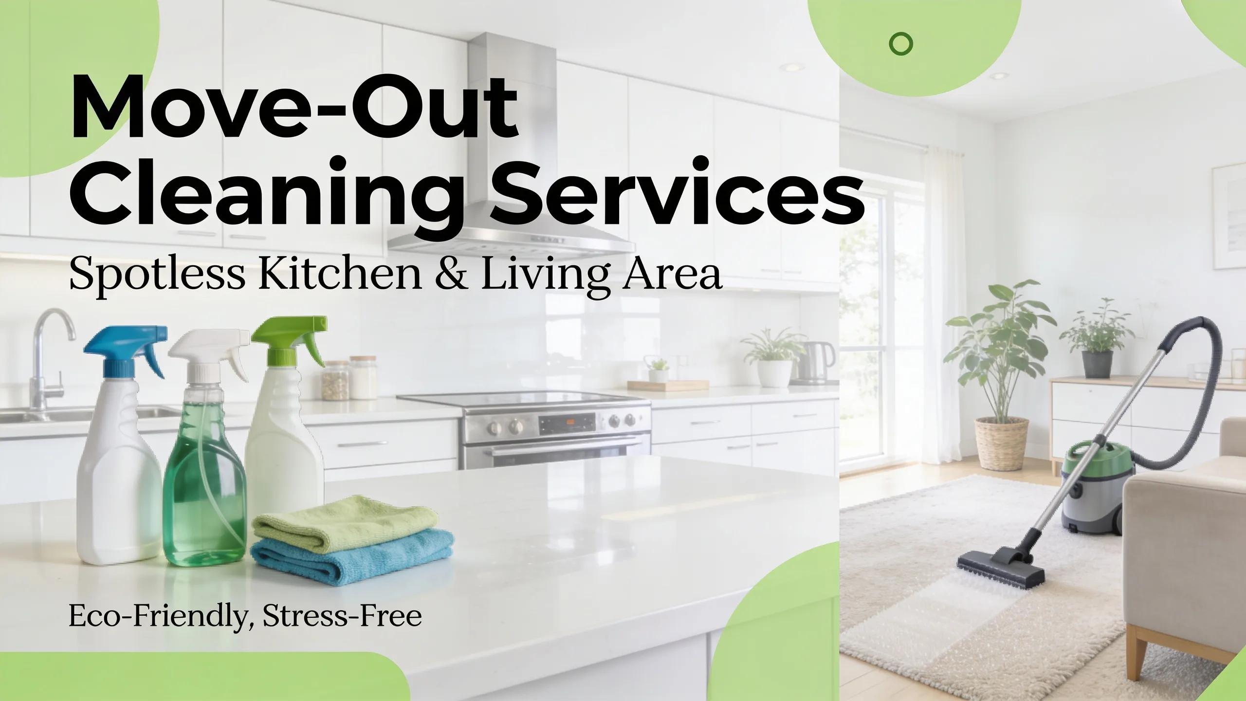 Move-out cleaning services featuring a spotless kitchen and living area with eco-friendly cleaning products
