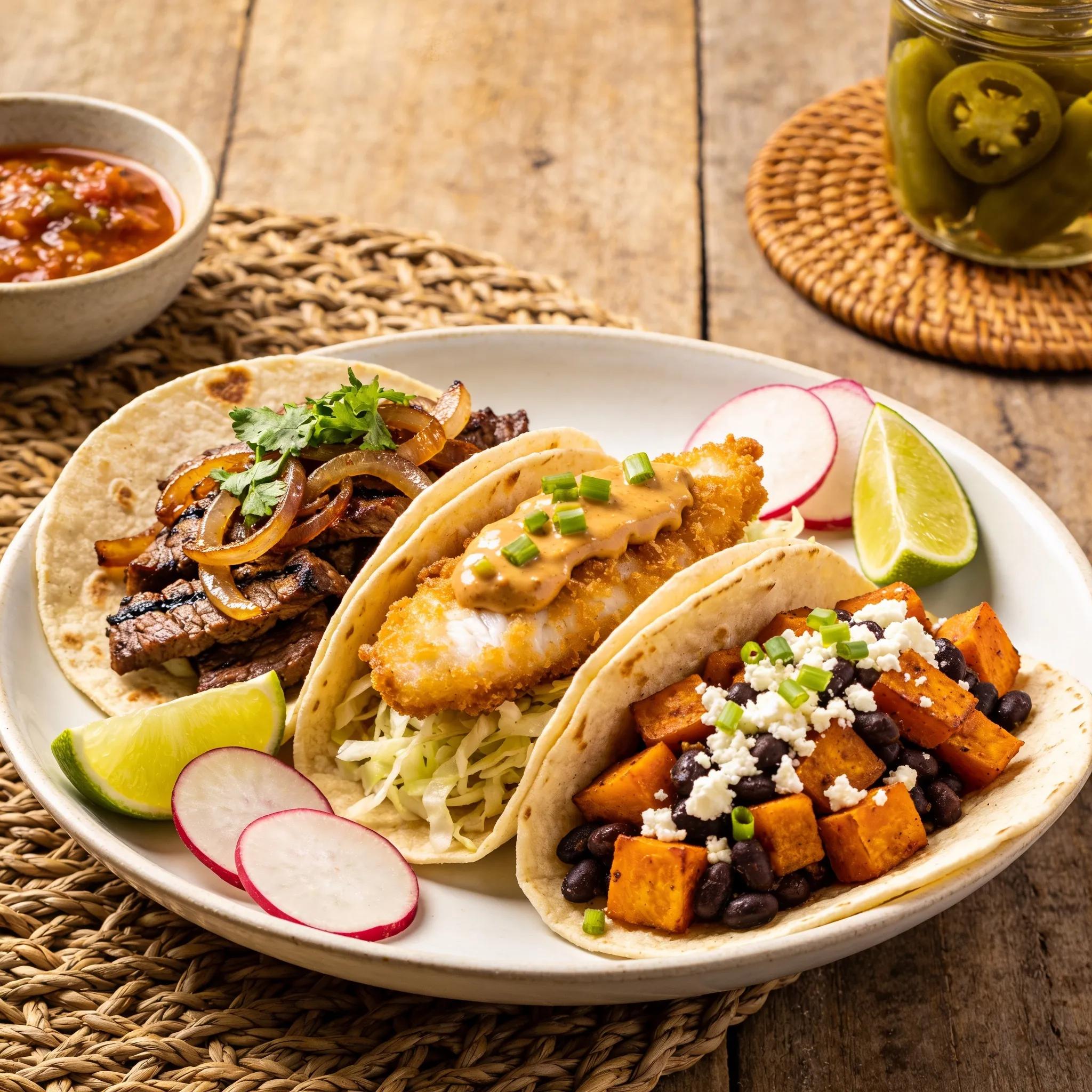 Popular Taco Varieties at Top Taco SLC Platter of popular taco types including authentic carne asada tacos SLC and fresh fish tacos