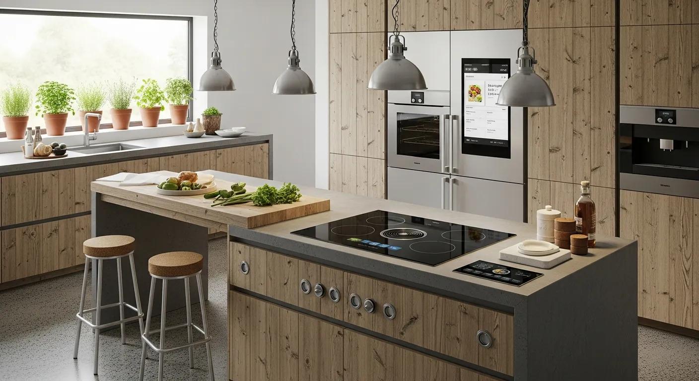 Contemporary kitchen design featuring sustainable materials and smart appliances, reflecting modern trends