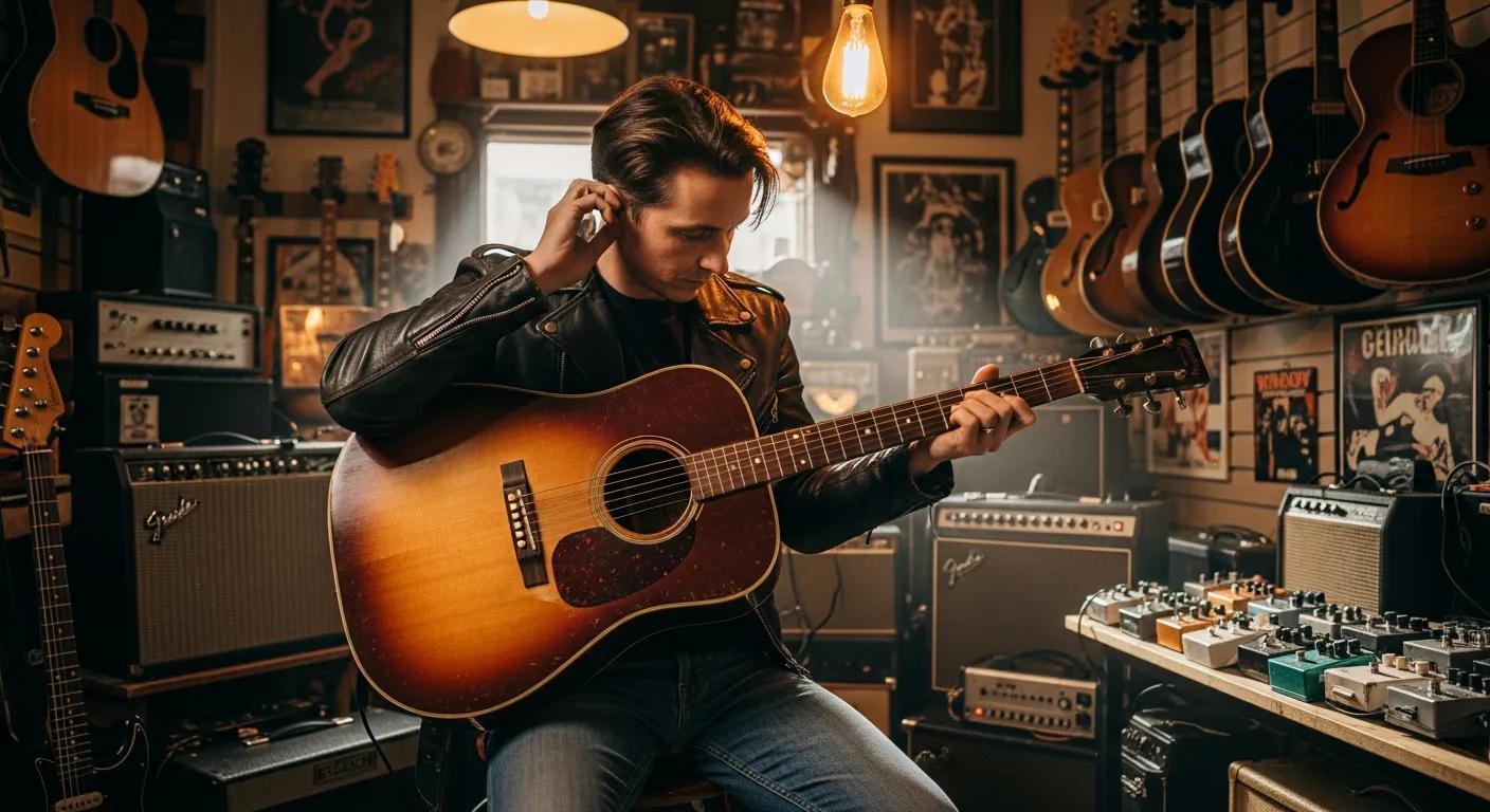 Examining a pre-owned guitar in a shop