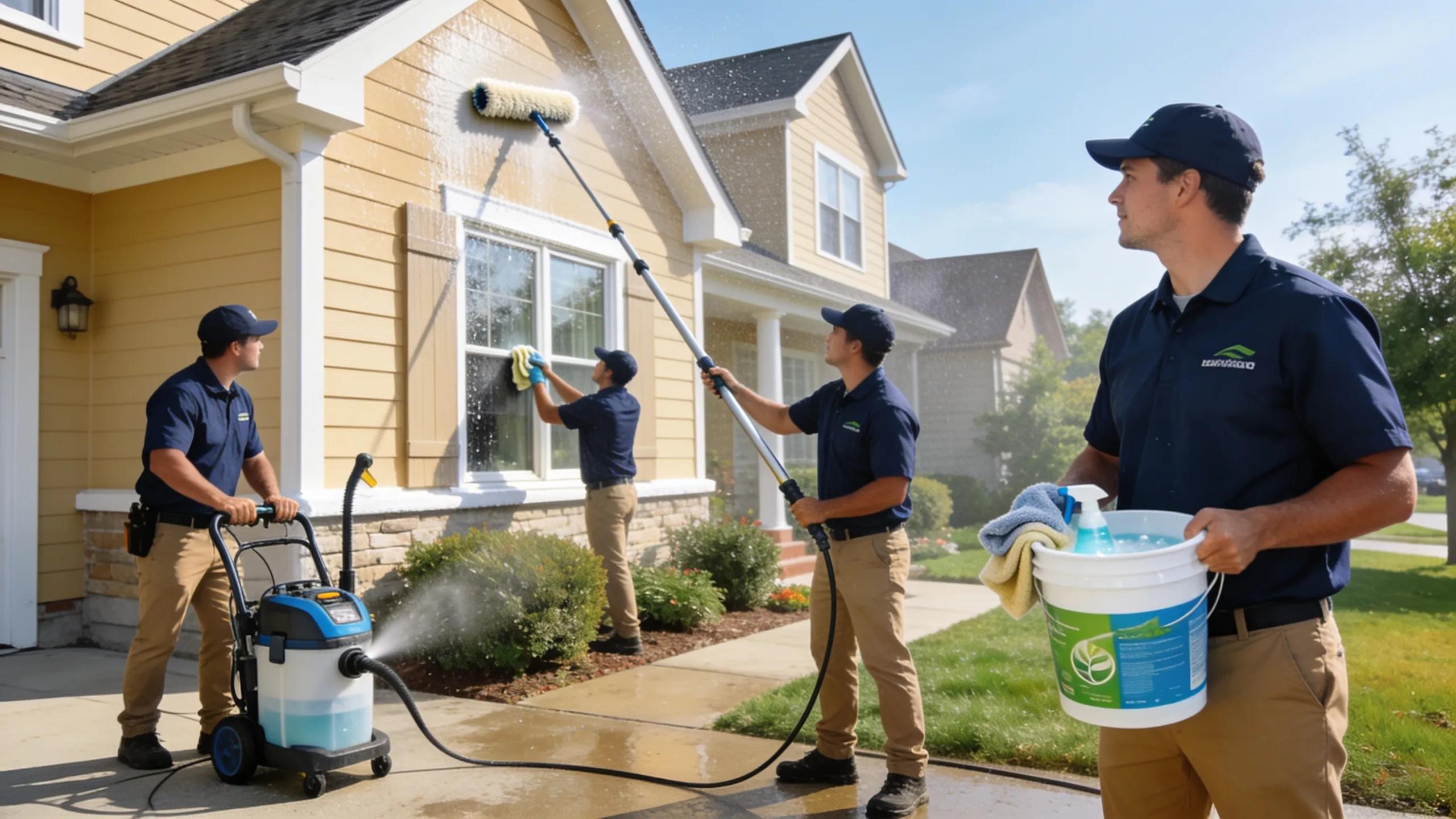 Professional technicians performing soft washing service on a residential property in Mankato
