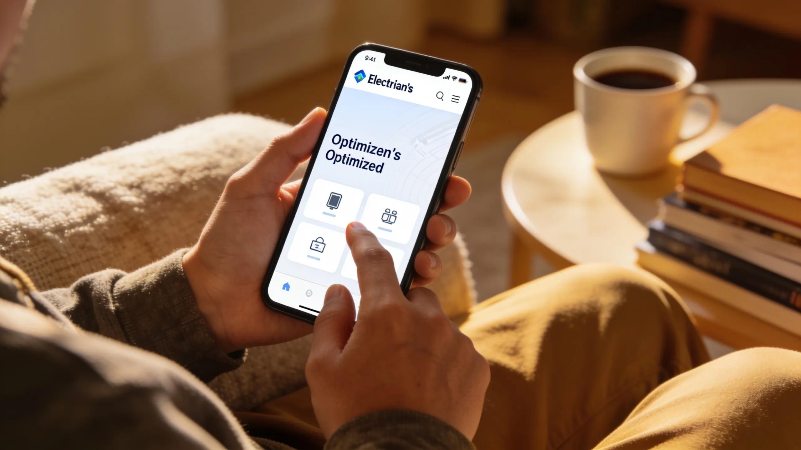 Person using a smartphone to browse an electrician's website in a casual setting
