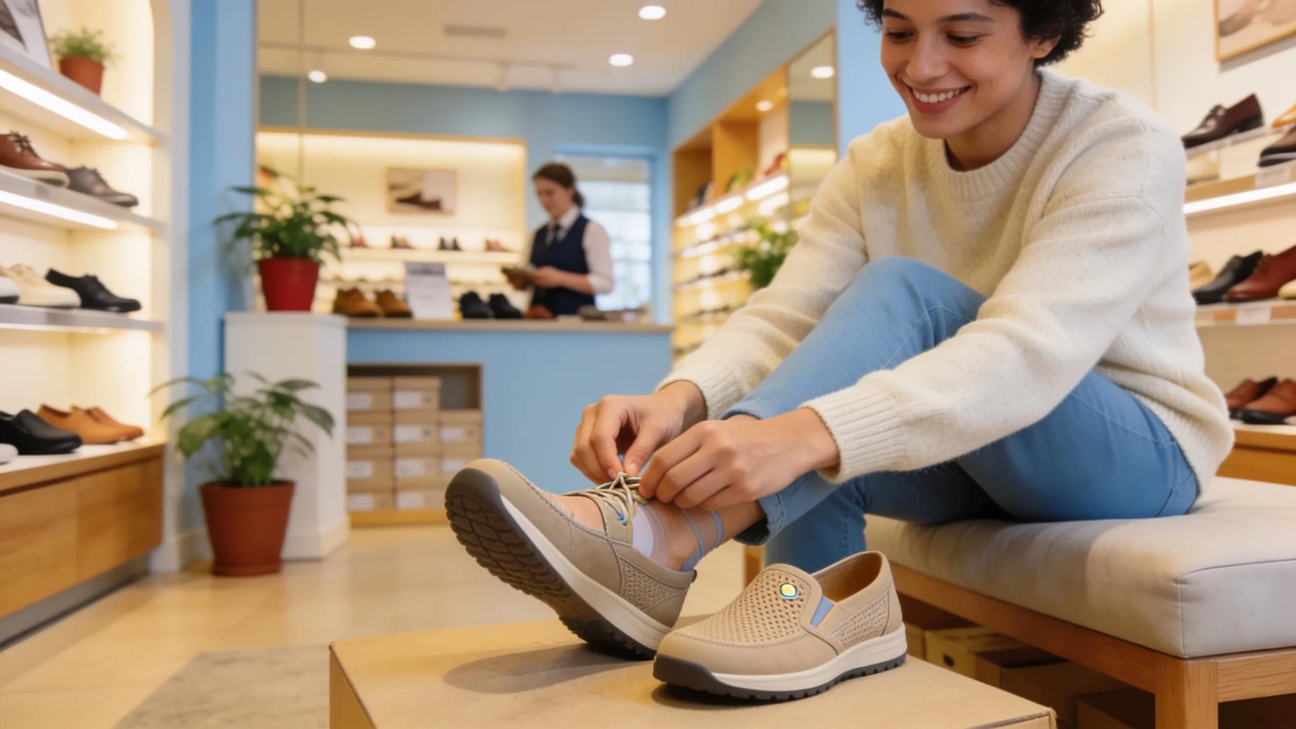 Smiling individual trying on diabetic shoes in a comfortable store