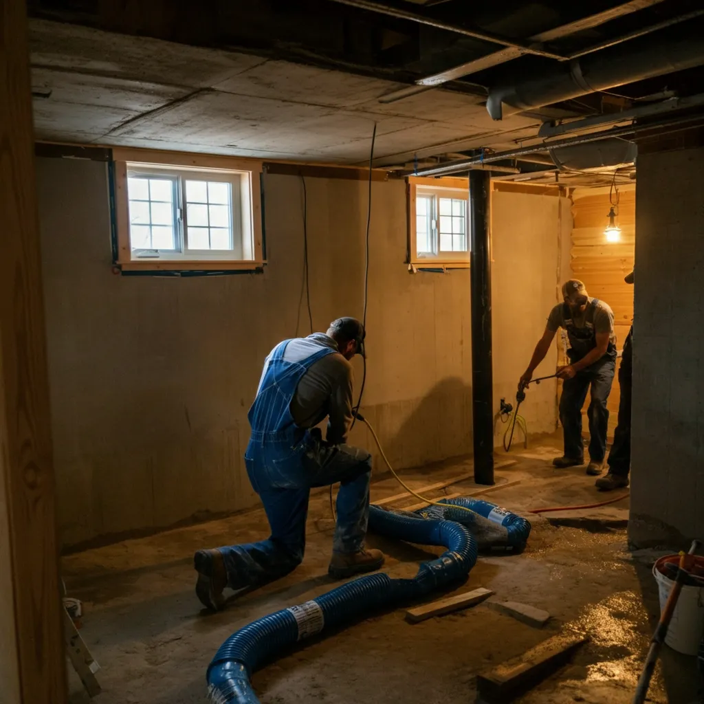 Homeowner consulting with a contractor about basement waterproofing options