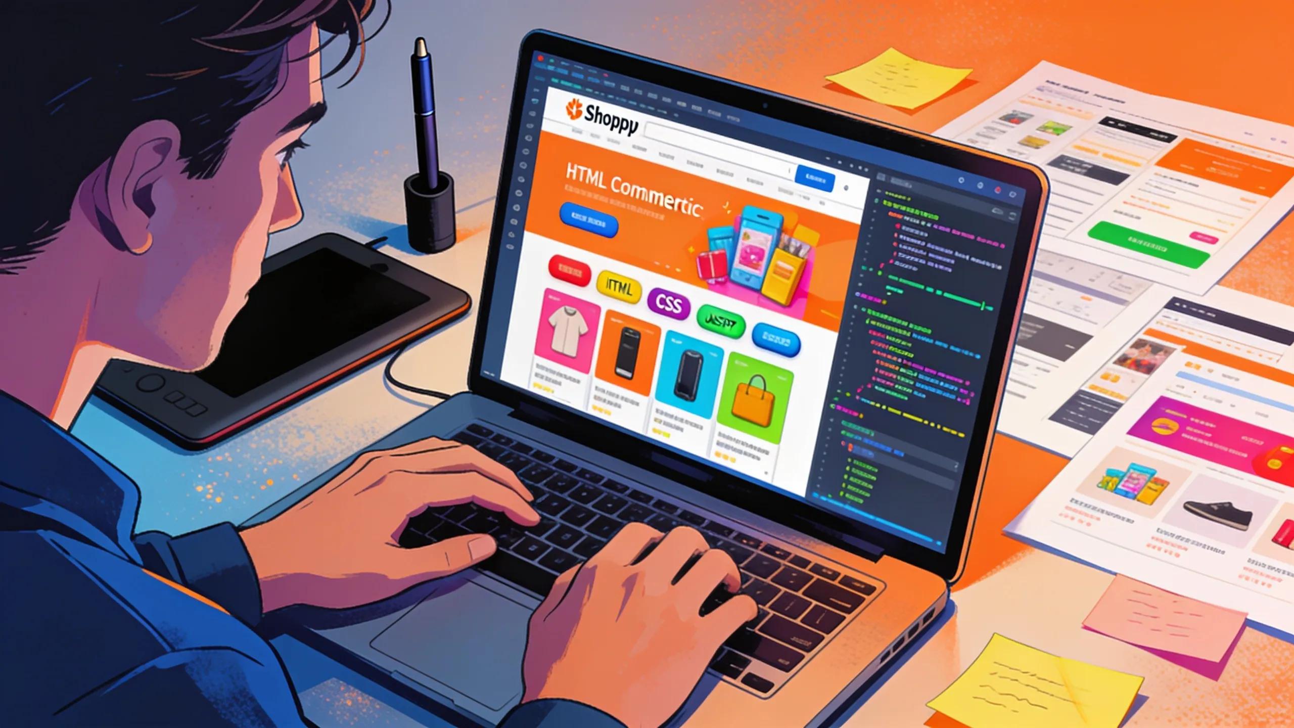 Shopify developer customizing an online store in a creative workspace
