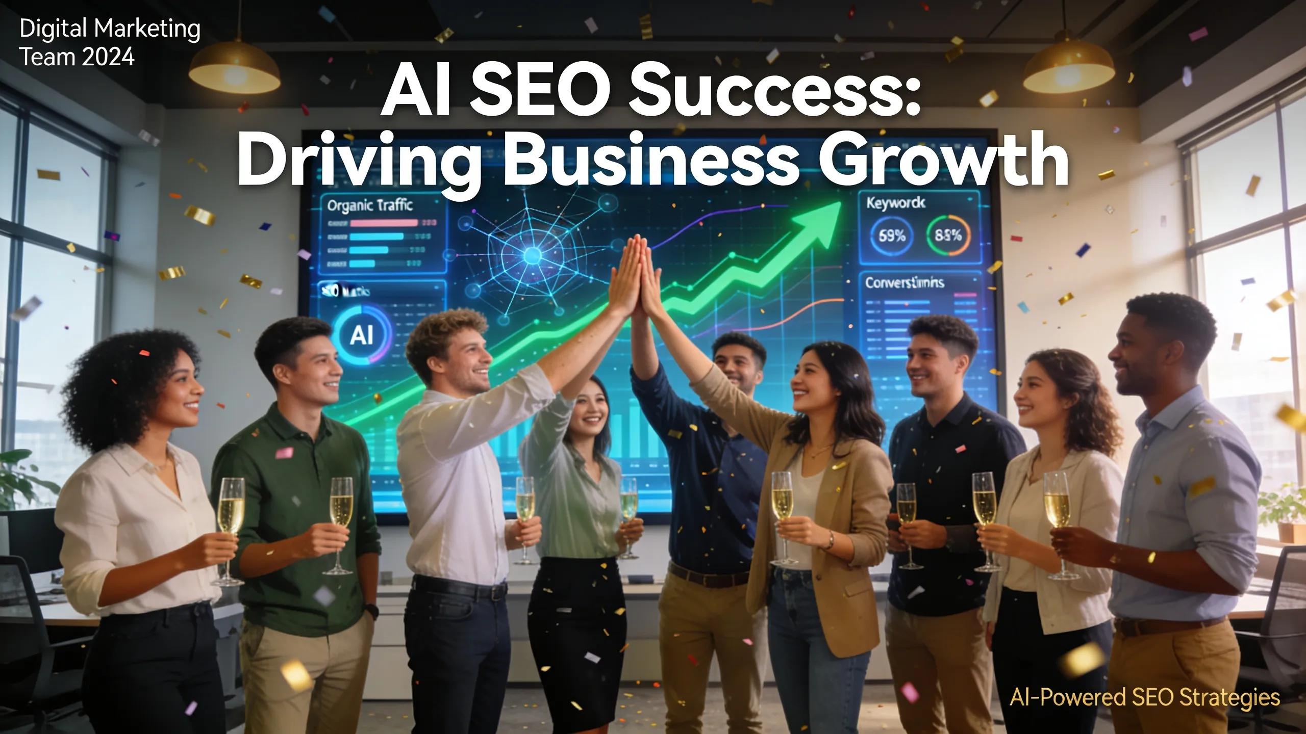 A team celebrating success in digital marketing, reflecting the impact of AI SEO strategies on business growth