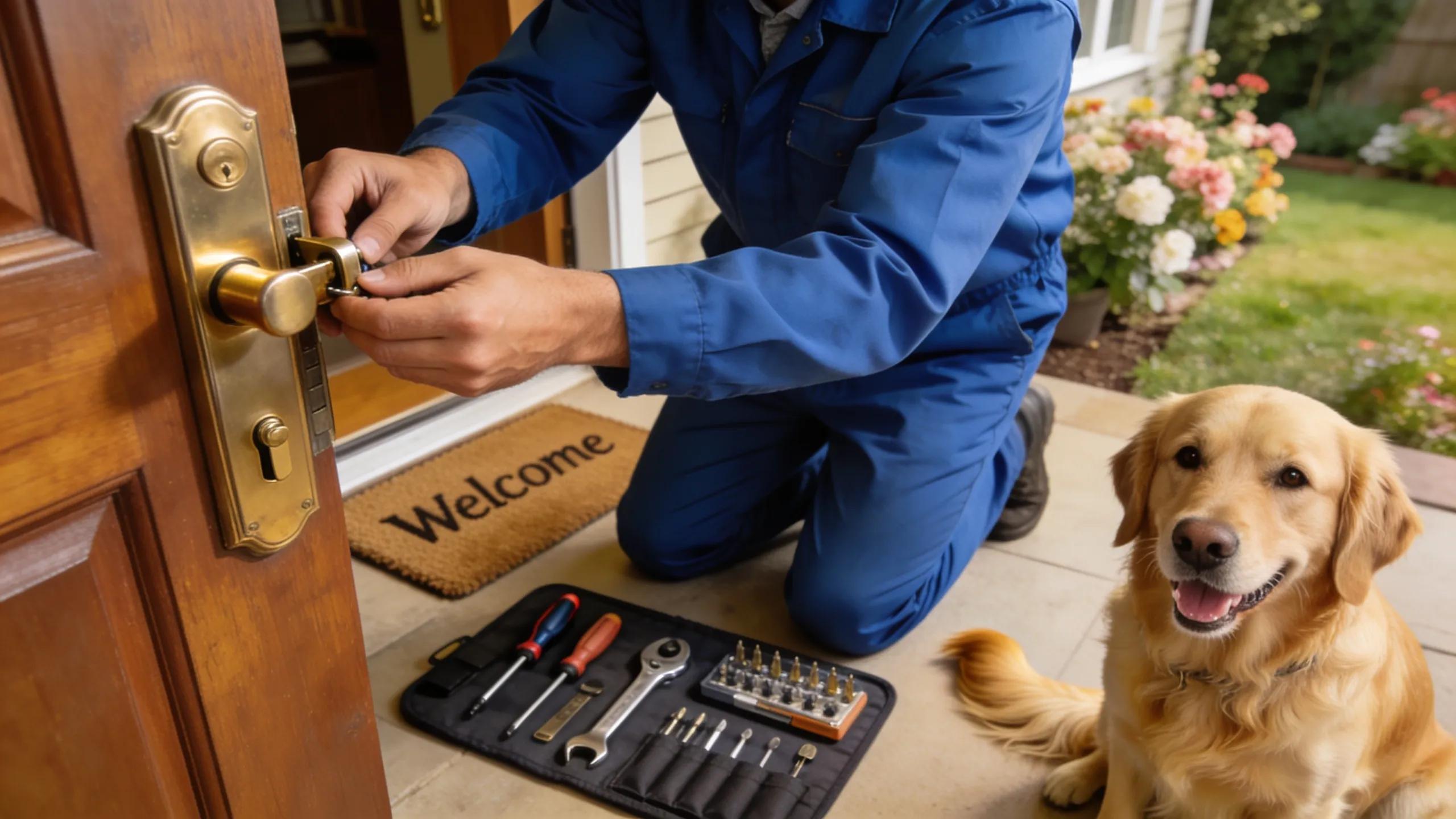 Professional locksmith installing a high-quality lock on a residential front door