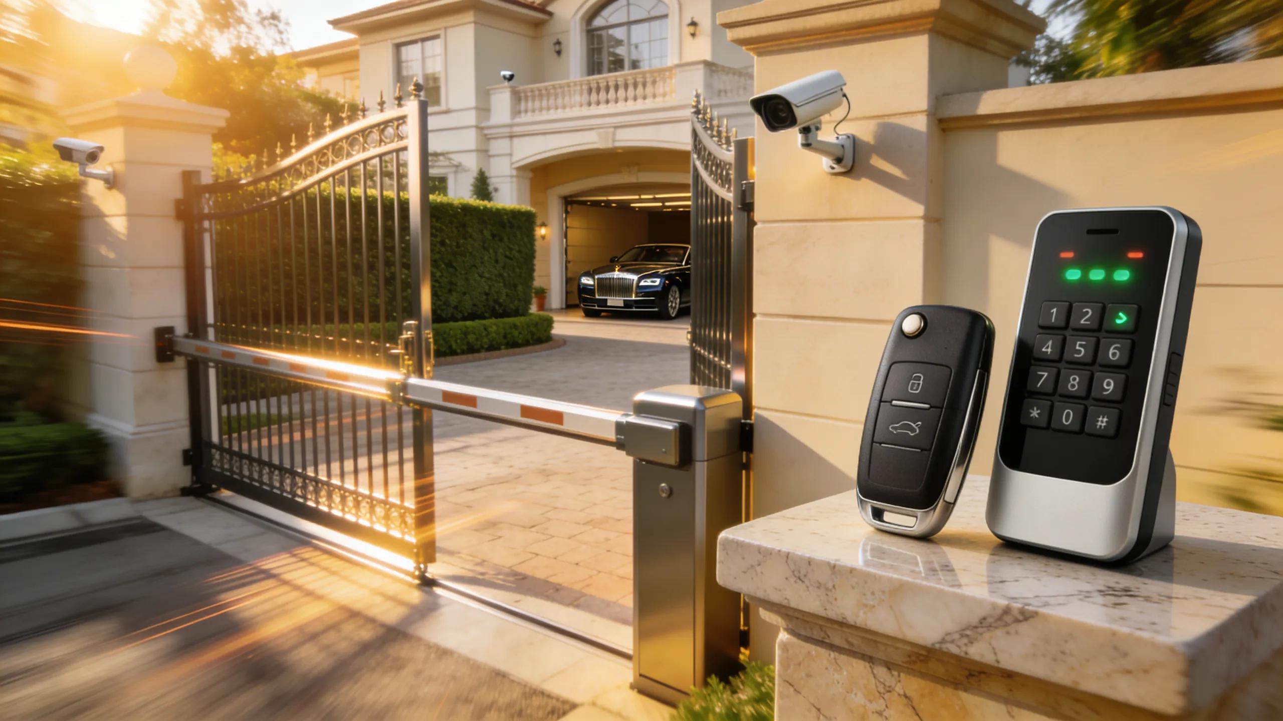 Ornate wrought iron gate with keypad and remote control for automatic gate access.