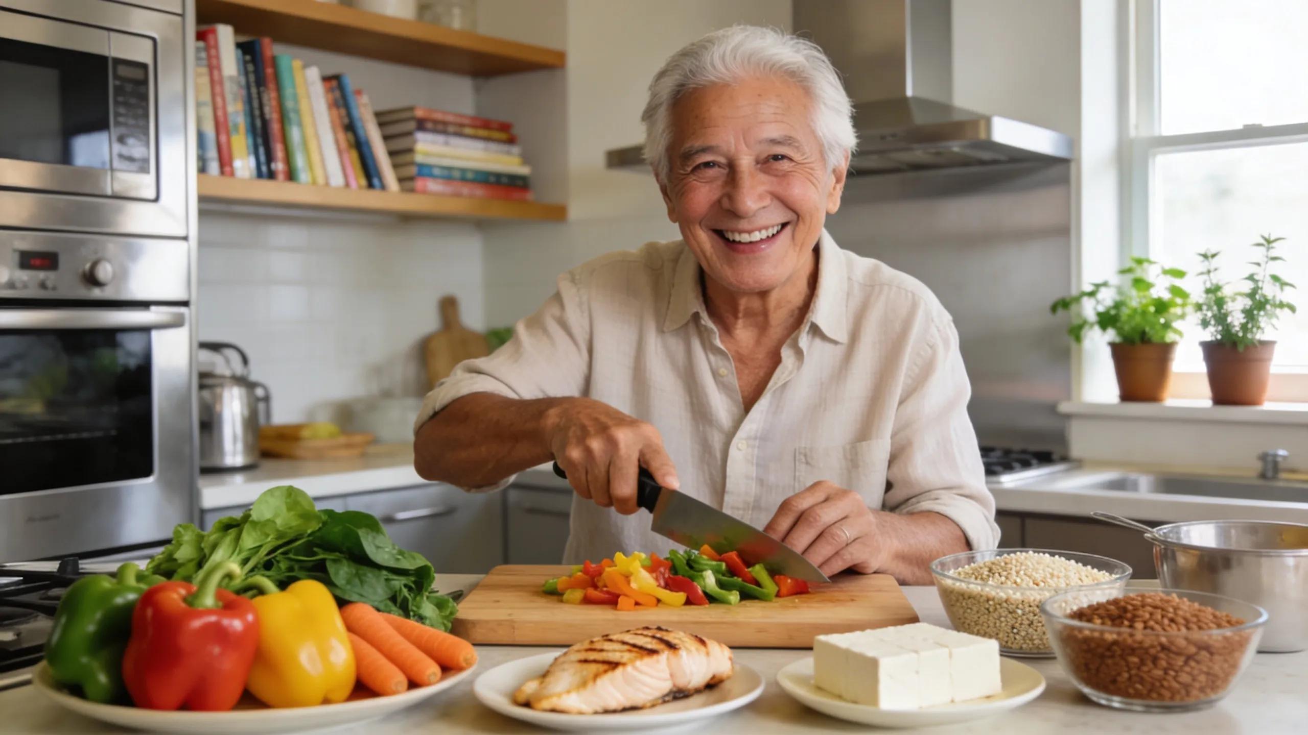 Senior preparing healthy meals with fresh vegetables and lean proteins in a bright kitchen