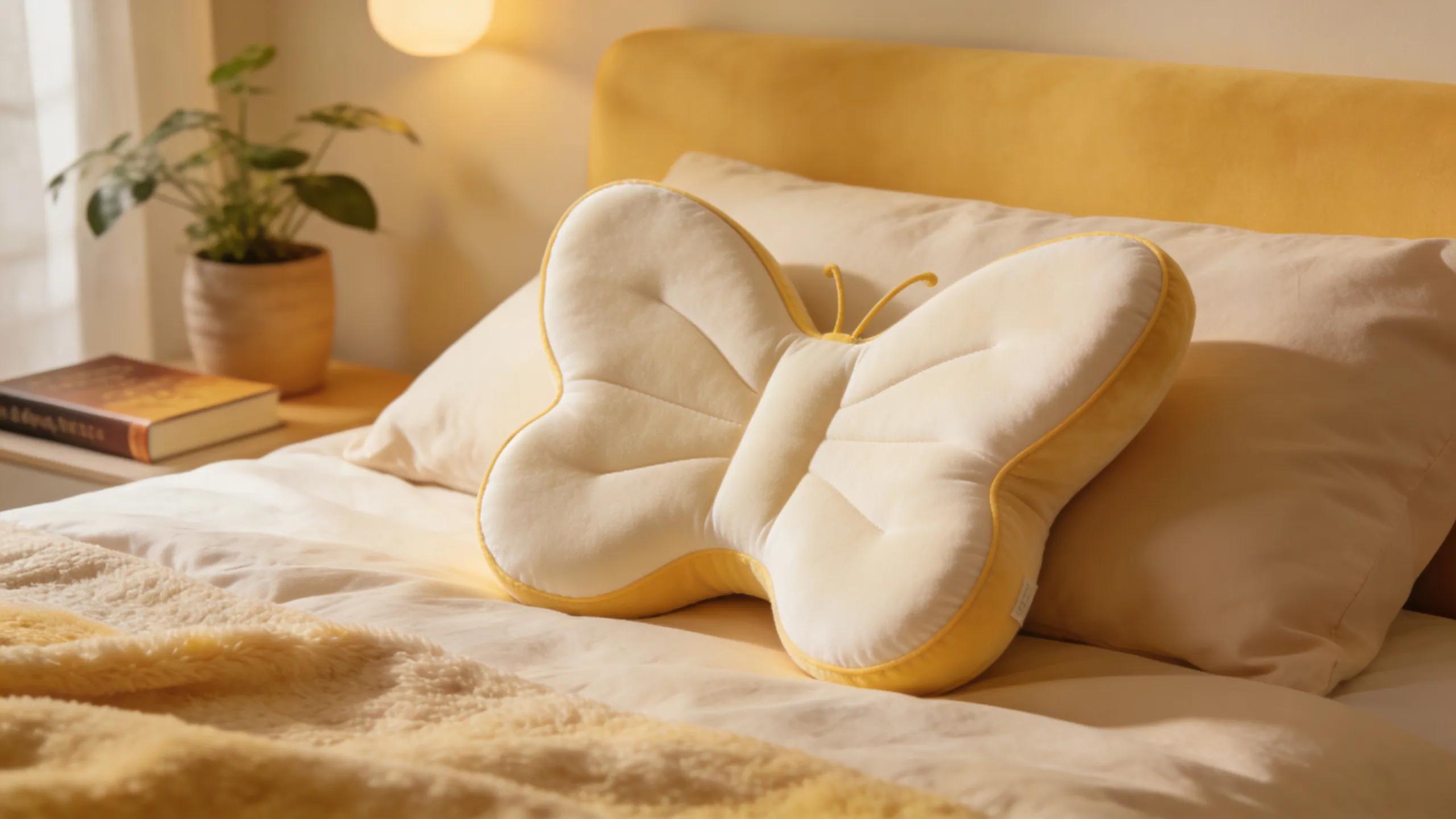 Butterfly Pillow on a made bed showcasing its ergonomic design for spine alignment support