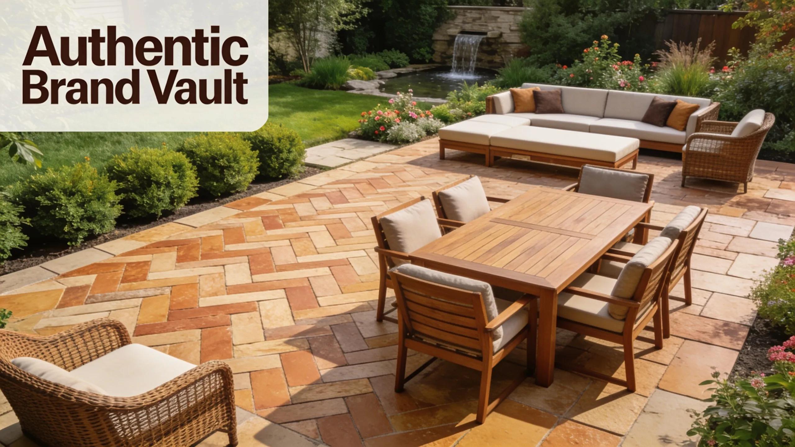 Authentic Brand Vault stylish patio installation with stone pavers and outdoor furniture in a landscaped garden