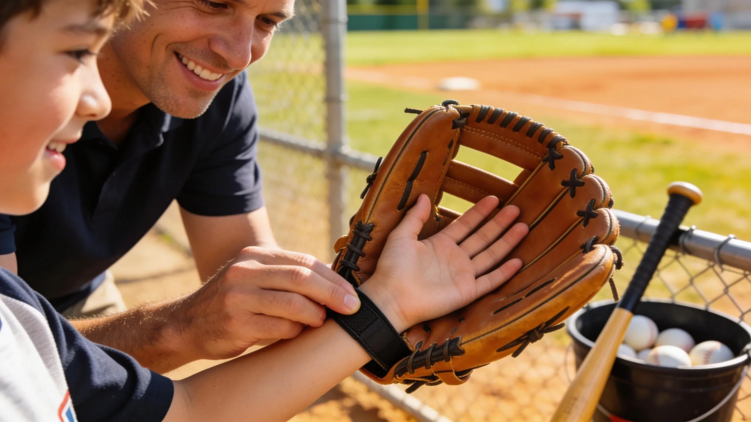 Youth player fitting a resilient baseball glove with a coach highlighting proper sizing