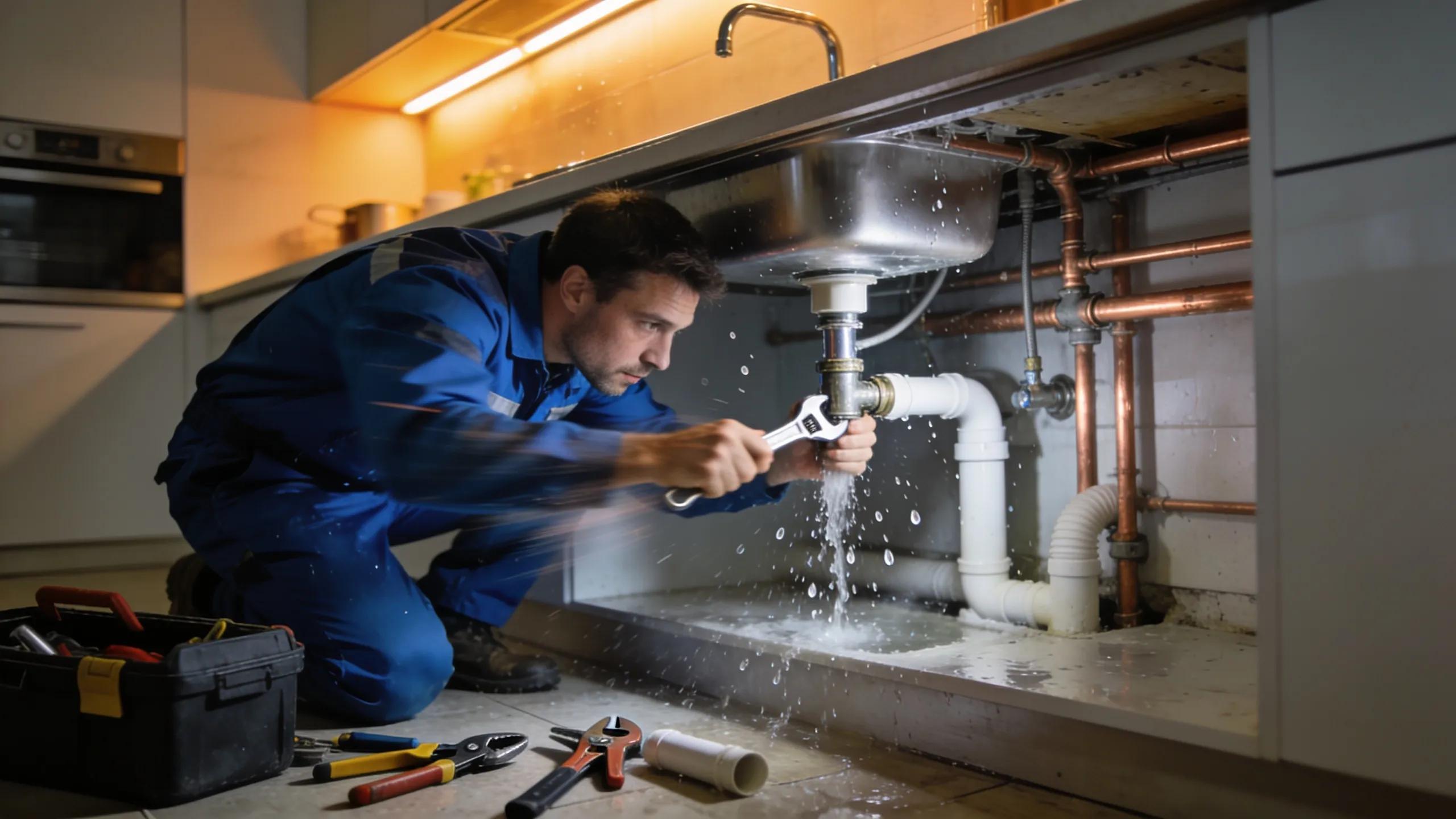 Technician repairing a plumbing issue in a home during an emergency