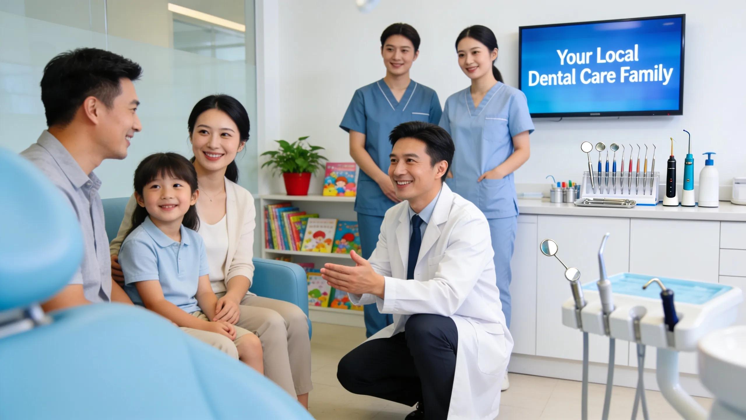 Friendly dentist welcoming a family in a modern dental office