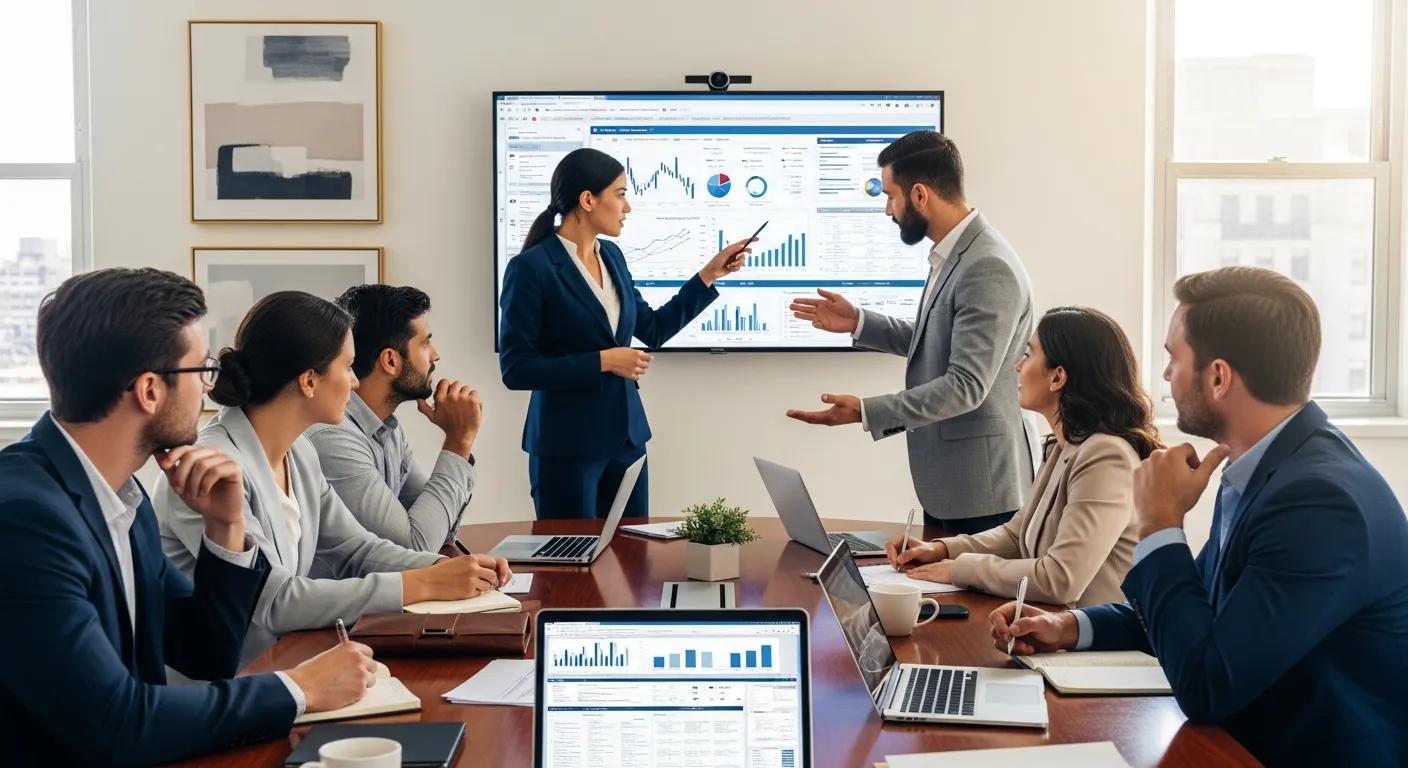 Financial professionals collaborating on loan portfolio disposition strategies in a bright conference room
