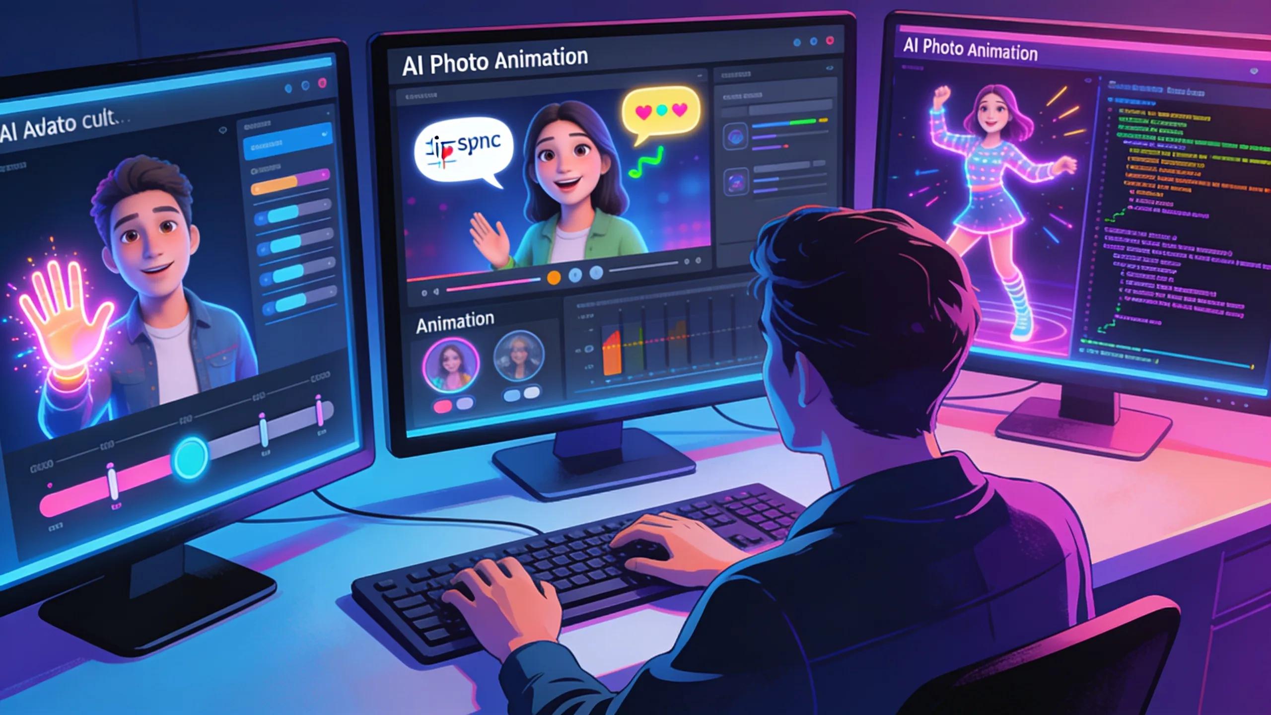 User engaging with various AI photo animation tools to create talking avatars User engaging with various AI photo animation tools to create talking avatars