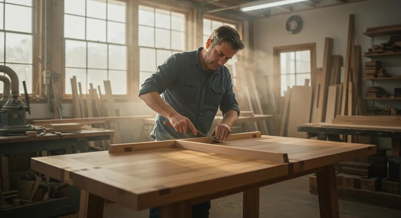 Artisan crafting custom wood furniture, highlighting craftsmanship and quality materials in a workshop setting
