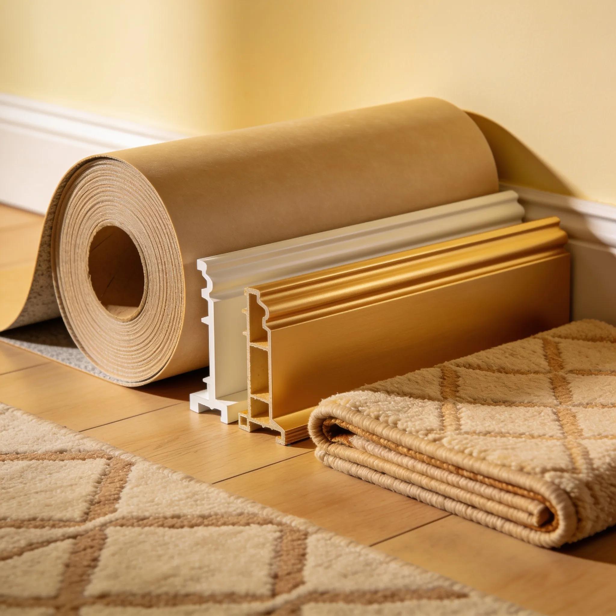 Underlayment, moldings, and area rugs laid out to show accessory options for flooring