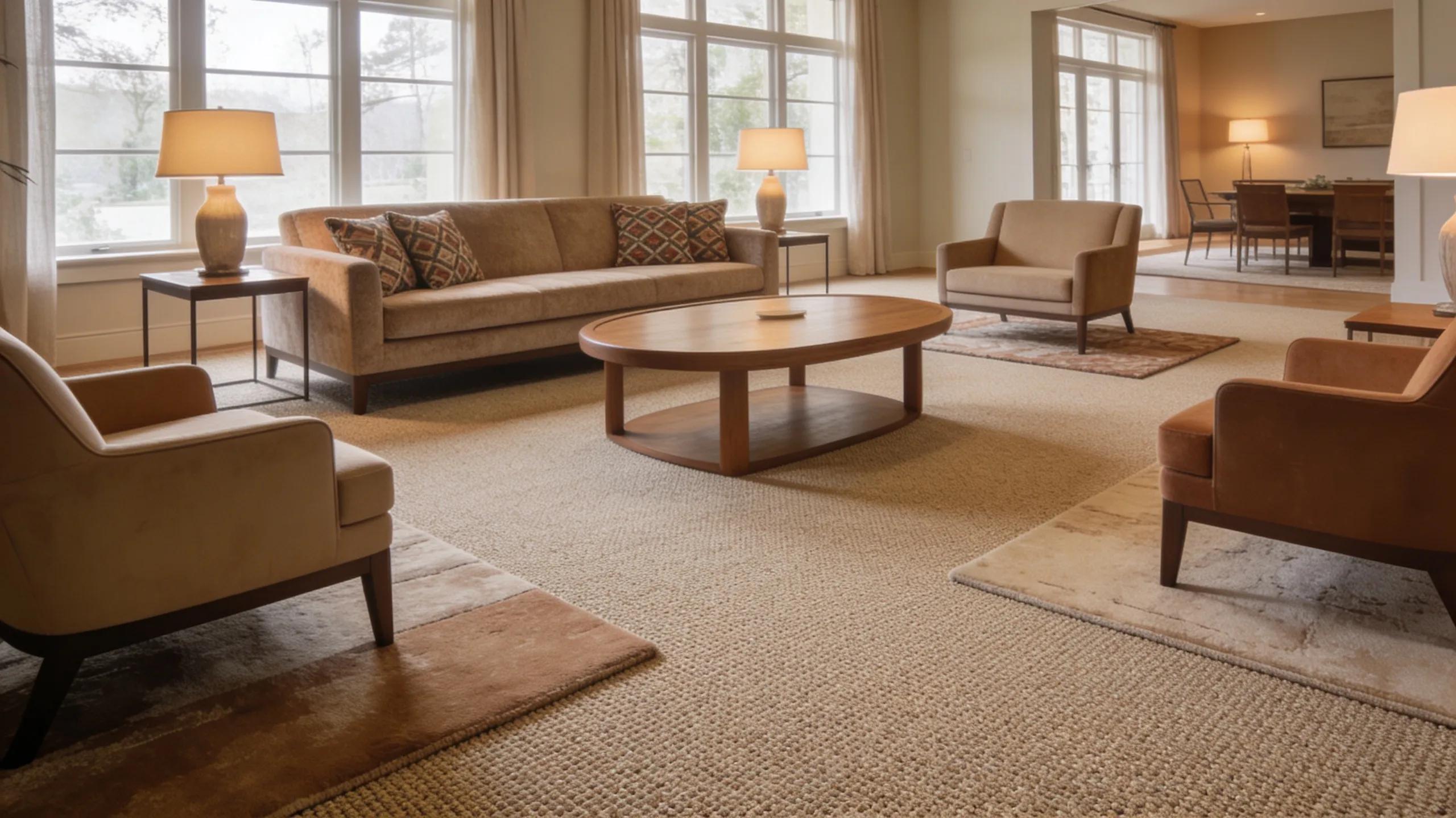 Living room interior showcasing durable Berber carpet in a high-traffic area.