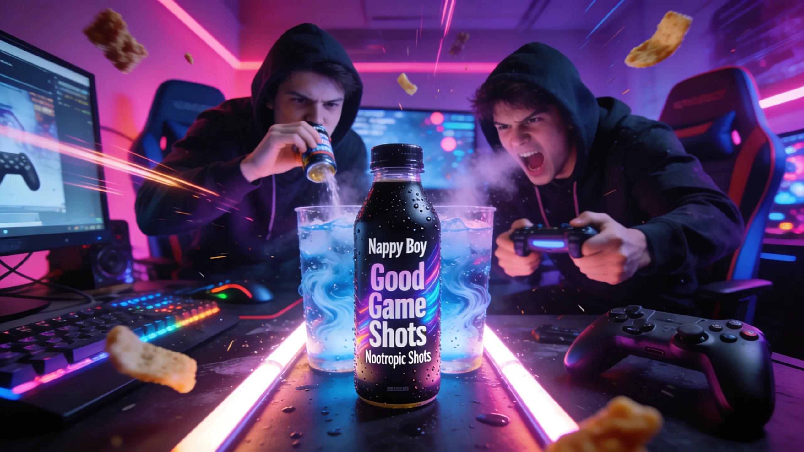 Gamers enjoying Nappy Boy Good Game Nootropic Shots during gameplay, highlighting cognitive focus and energy.