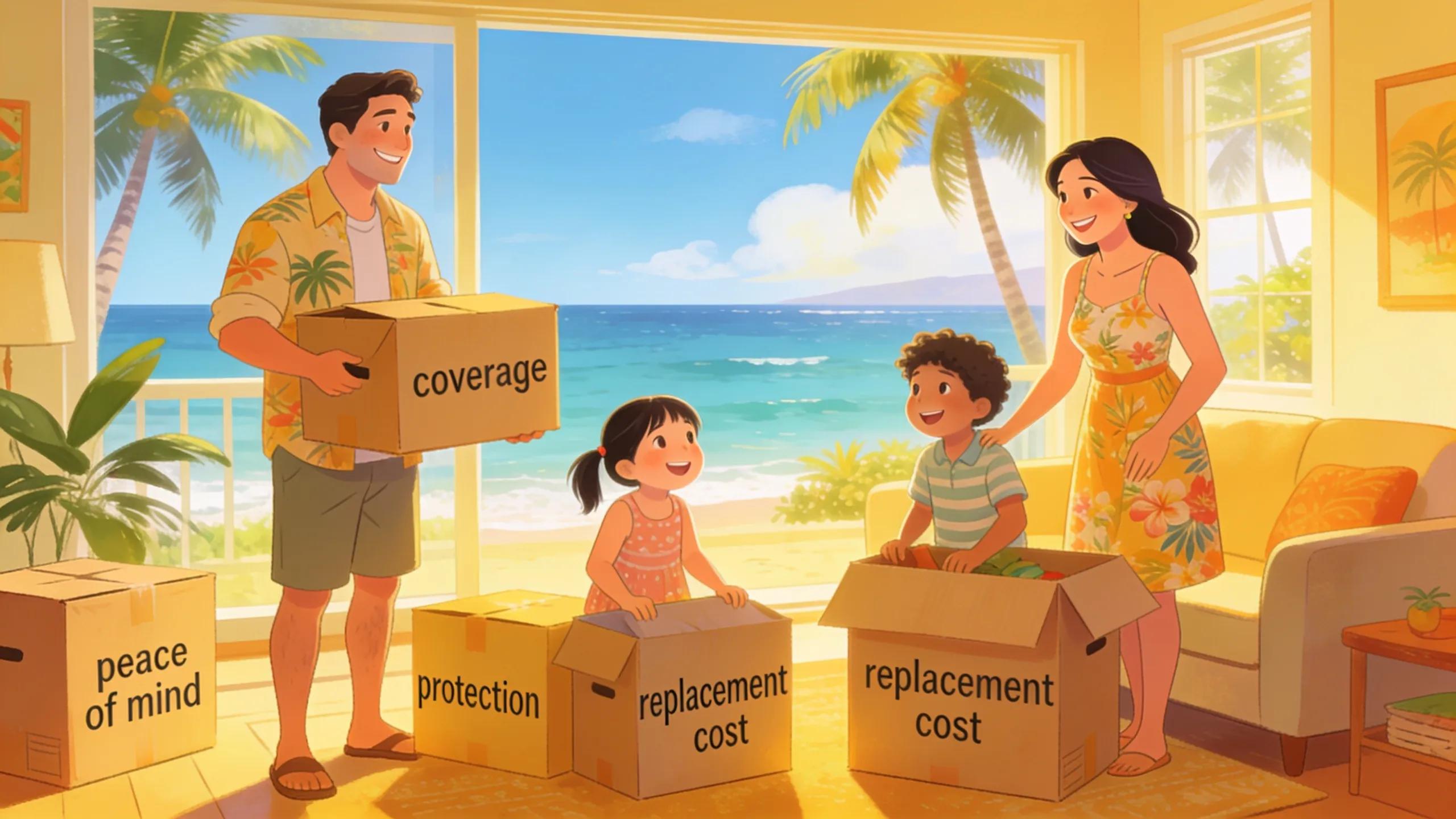 Family unpacking in Hawaii home surrounded by secured belongings symbolizing moving insurance