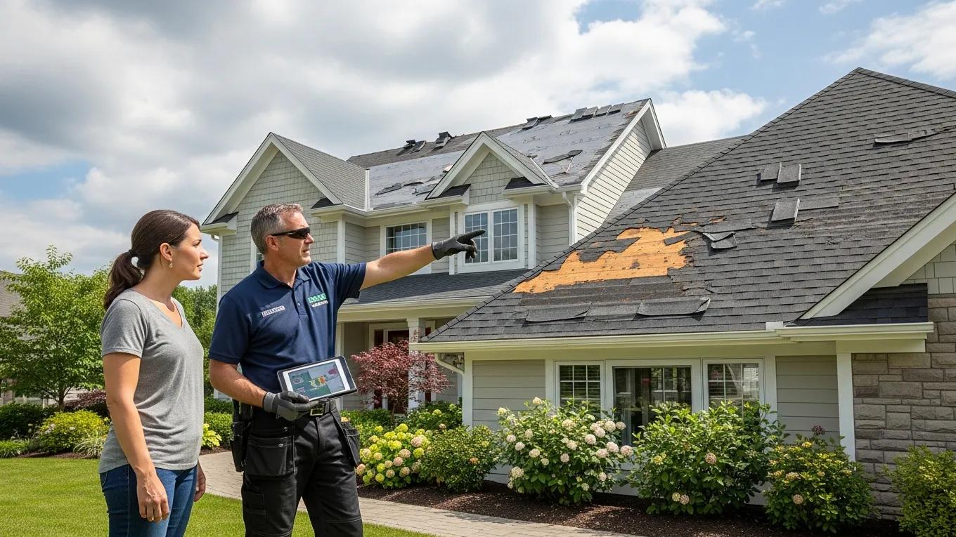 Homeowner consulting with roofing inspector about roof damage